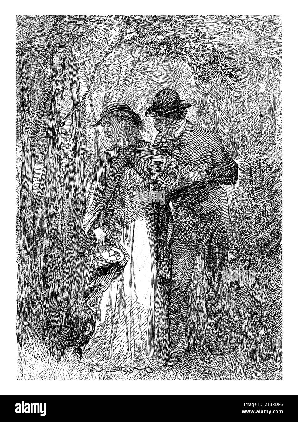 A couple walks in the woods, Willem Steelink (I), after Charles Rochussen, 1836 - 1913 A couple walks in the woods and he tries to say something to he Stock Photo