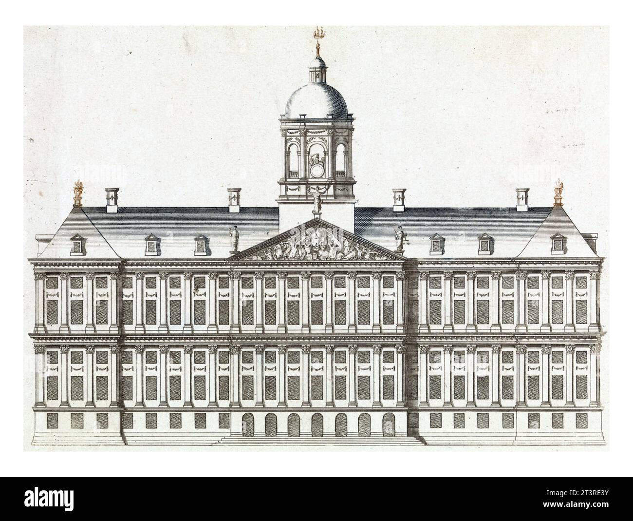 Front view of the City Hall in Amsterdam, anonymous, 1696 - 1706 The facade of the city hall on Dam Square in Amsterdam. Stock Photo
