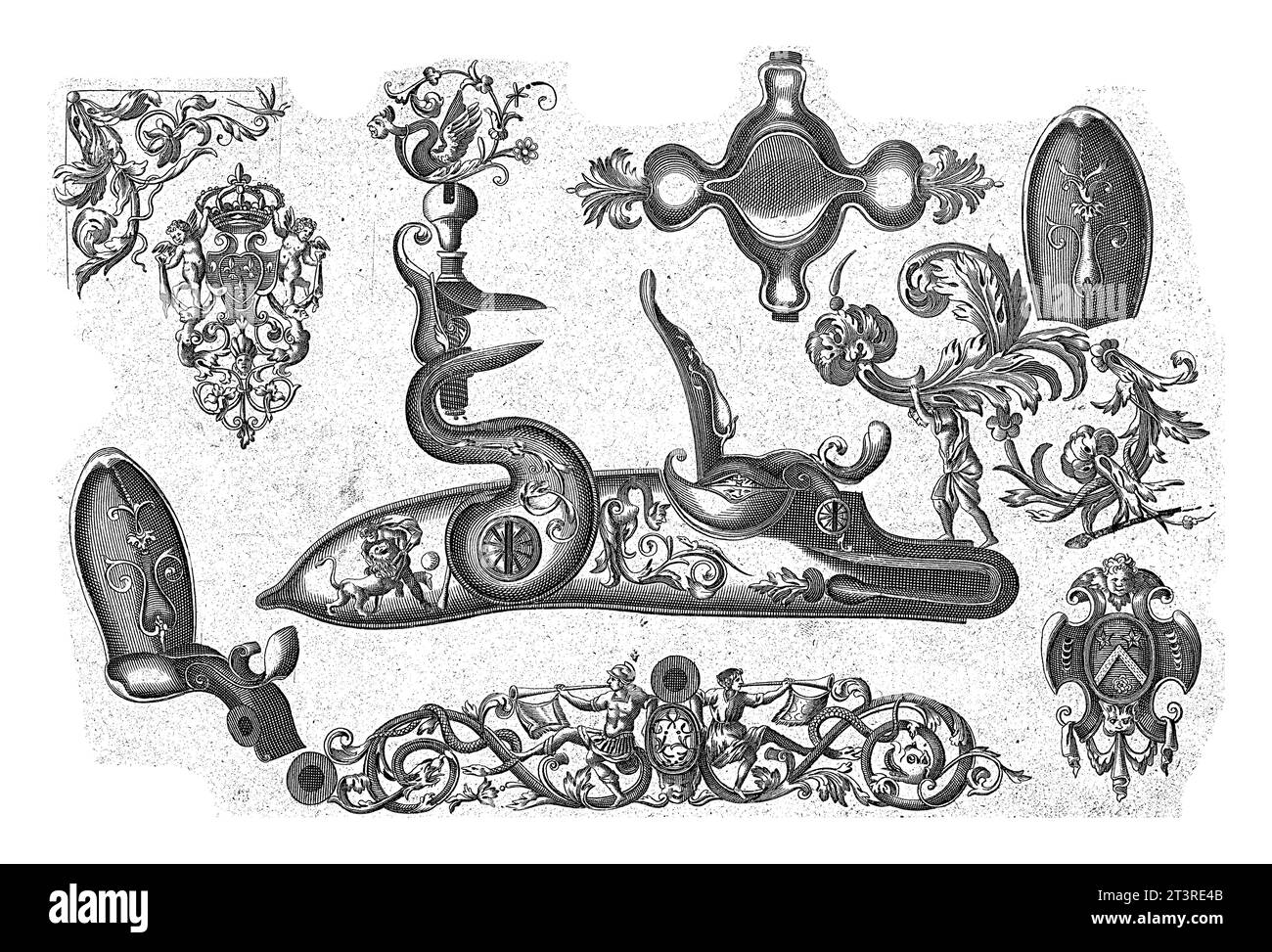 Ten Motifs, Pieter Schenk (I), after Claude Simonin, 1692 Stirrer's pieces, including the award-winning French royal coat of arms and the coat of arms Stock Photo