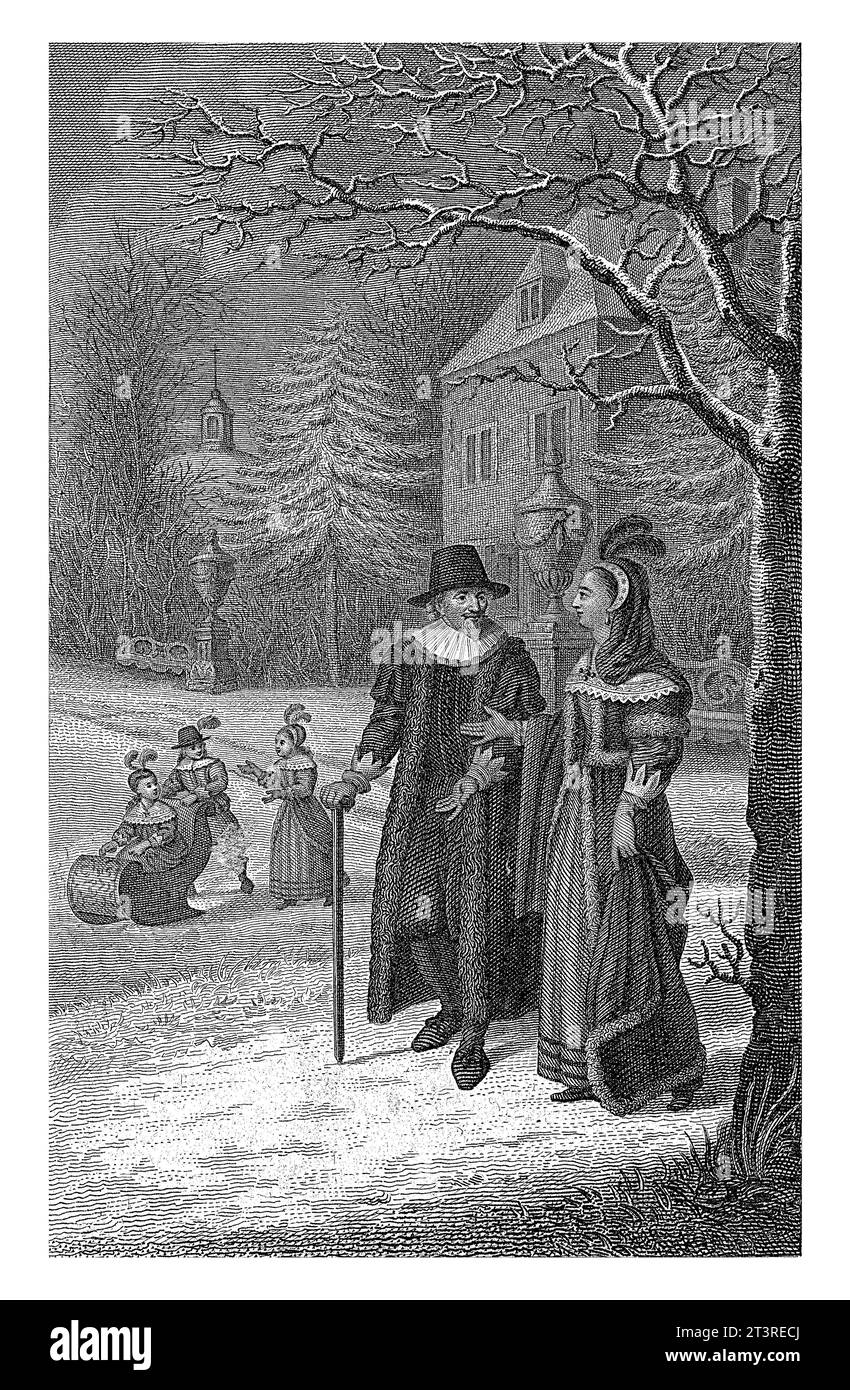 Jacob Cats walks next to Maria Henrietta Stuart, Princess of Orange, on his Sorghvliet estate. In the background, three children play with a sled on t Stock Photo