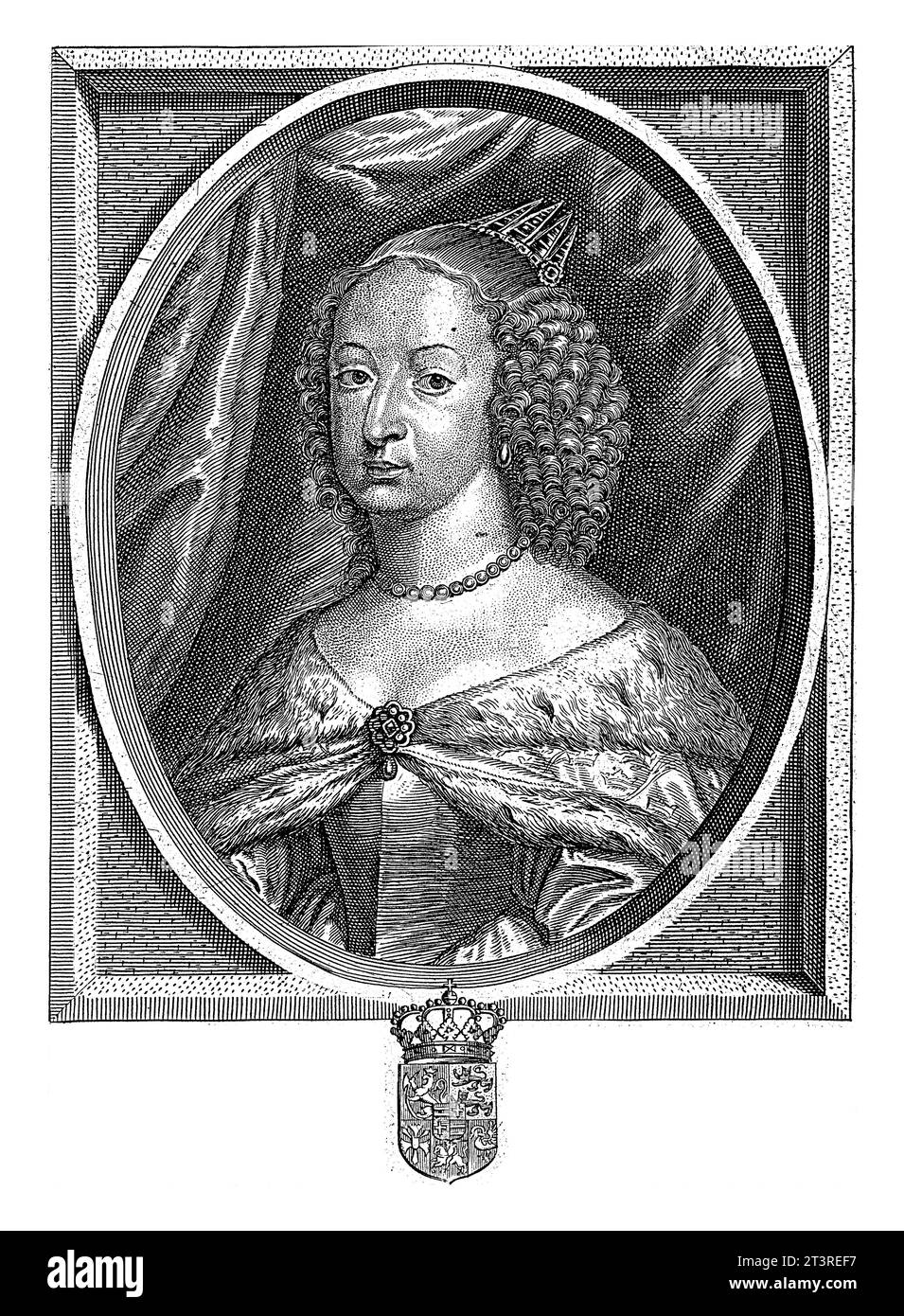 Portrait of Hedwig Eleonora, Queen of Sweden, Coenraet Waumans, 1633 - 1673 Portrait of Hedwig Eleonora, Queen of Sweden. In the margin her coat of ar Stock Photo