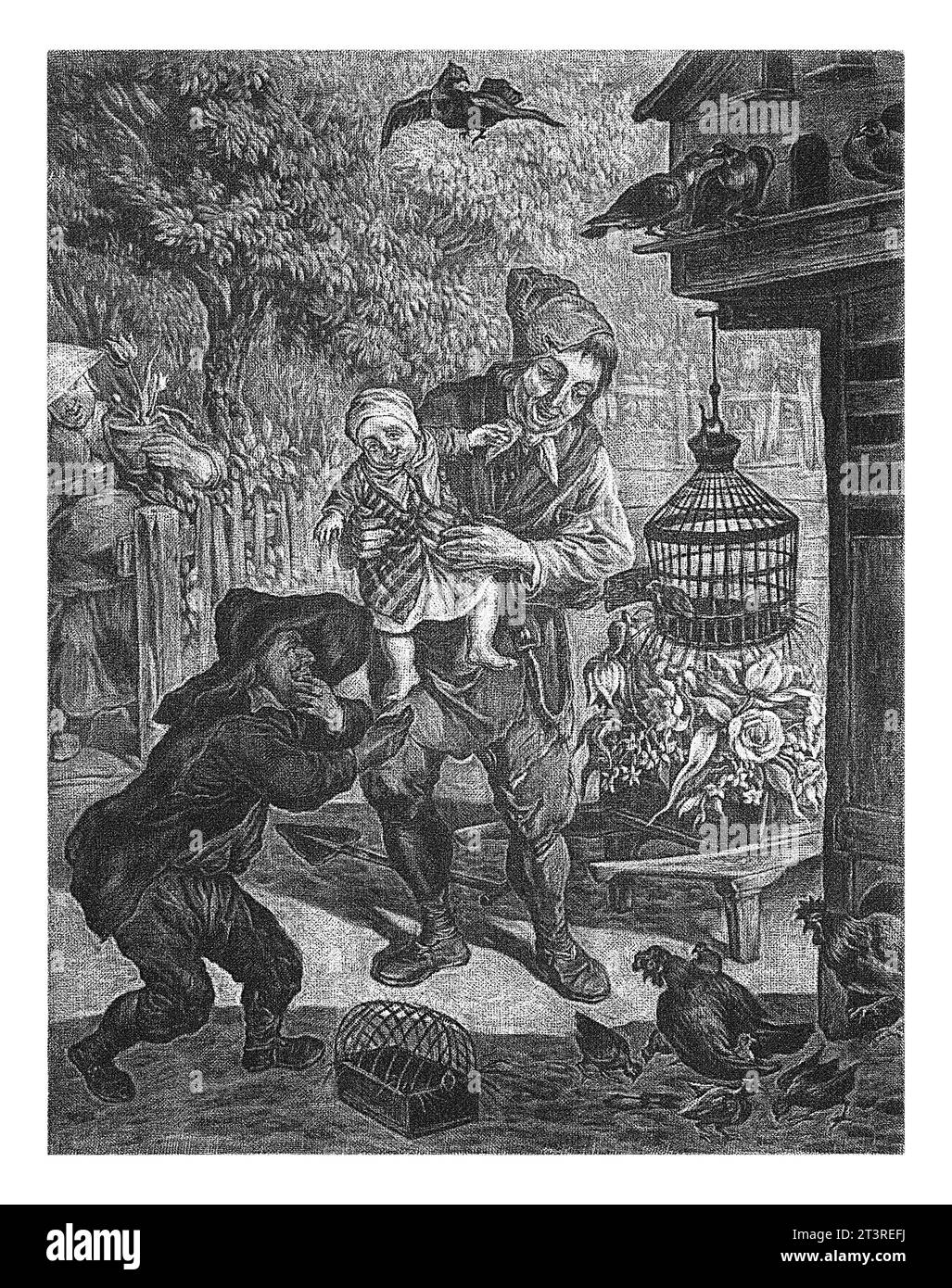 May, Cornelis Dusart, 1679 - 1704 A man with a child on his arm is standing near a dovecote, looking at chicks scratching the ground. A second man wal Stock Photo