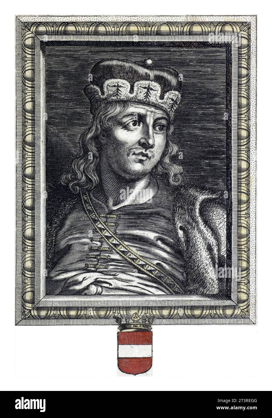 Portrait of Henry II, Count of Brabant and Louvain. In the margin are coat of arms and a five-line caption with biographical information in French. Stock Photo