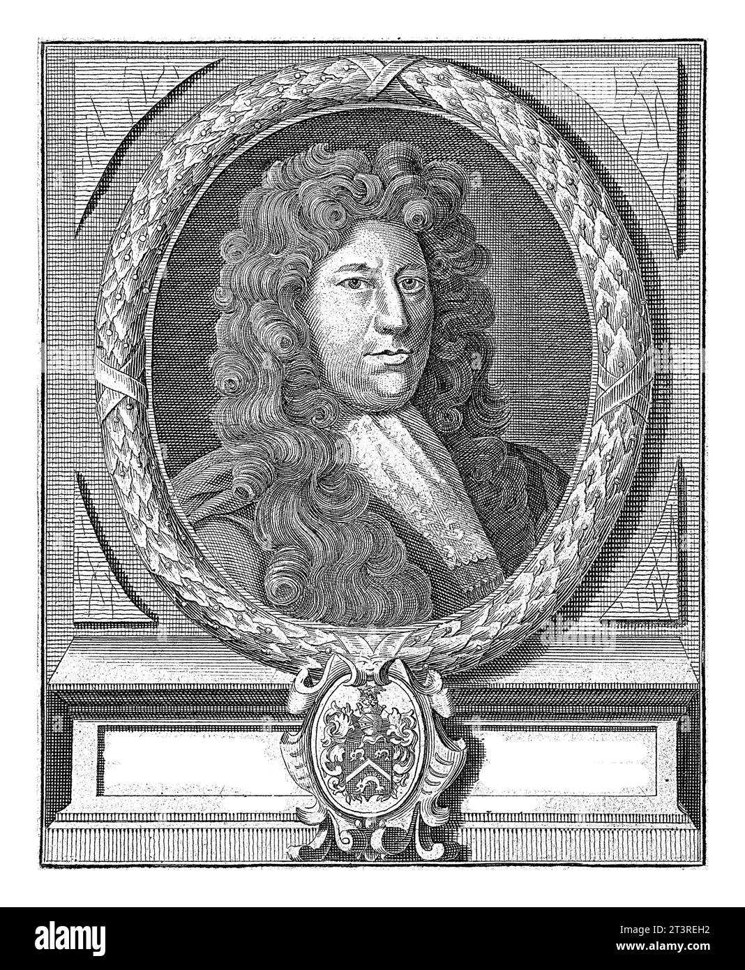 Portrait of Johan Freyer, Jan Lamsvelt, 1684 - 1743 Portrait bust in oval to the right of Johan Freyer, bareheaded. Stock Photo