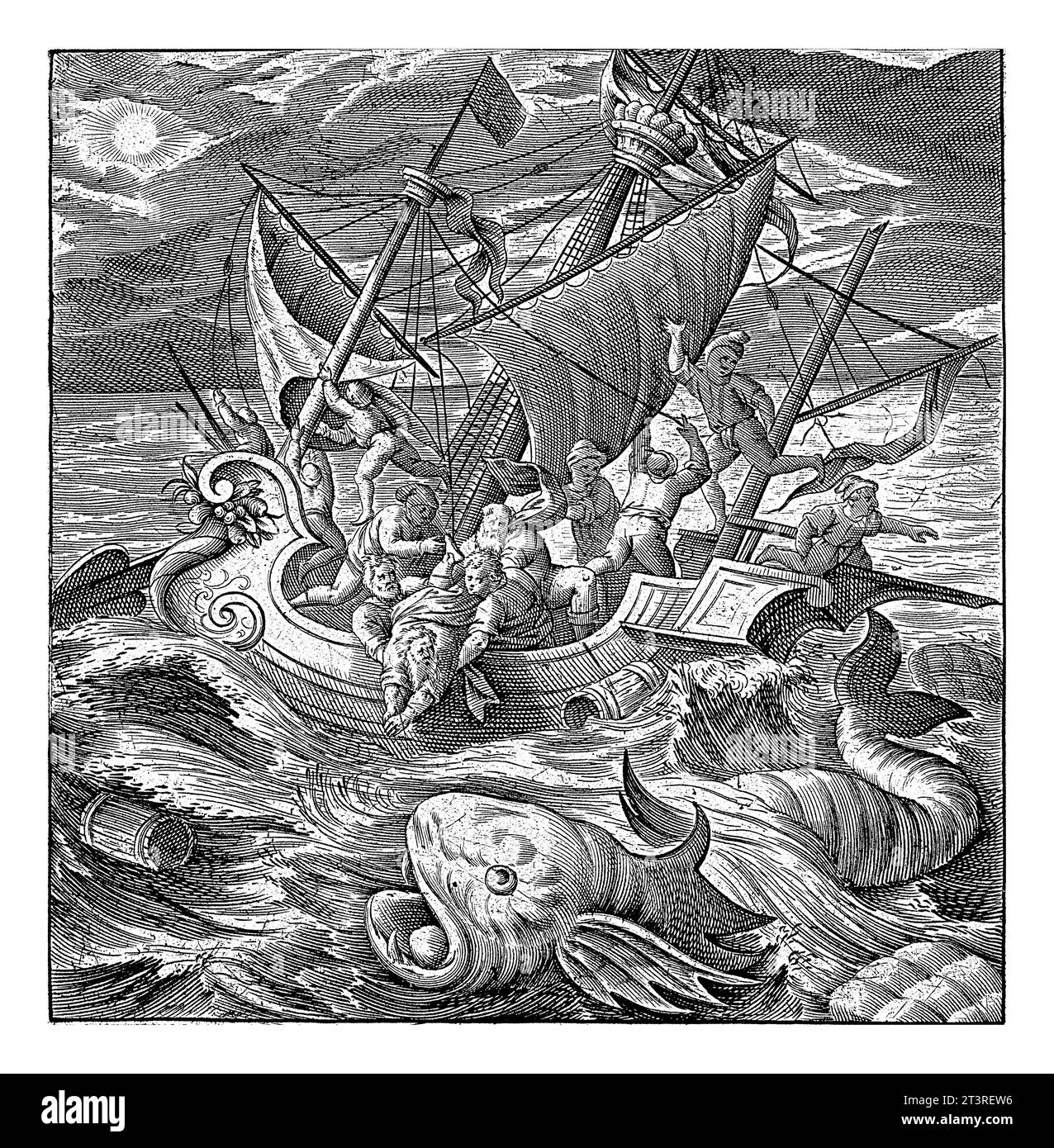 Jonah is thrown overboard by the sailors, Antonie Wierix (II), after Maerten de Vos, 1579 - before 1611 The ship on which Jonah sails is ravaged by a Stock Photo