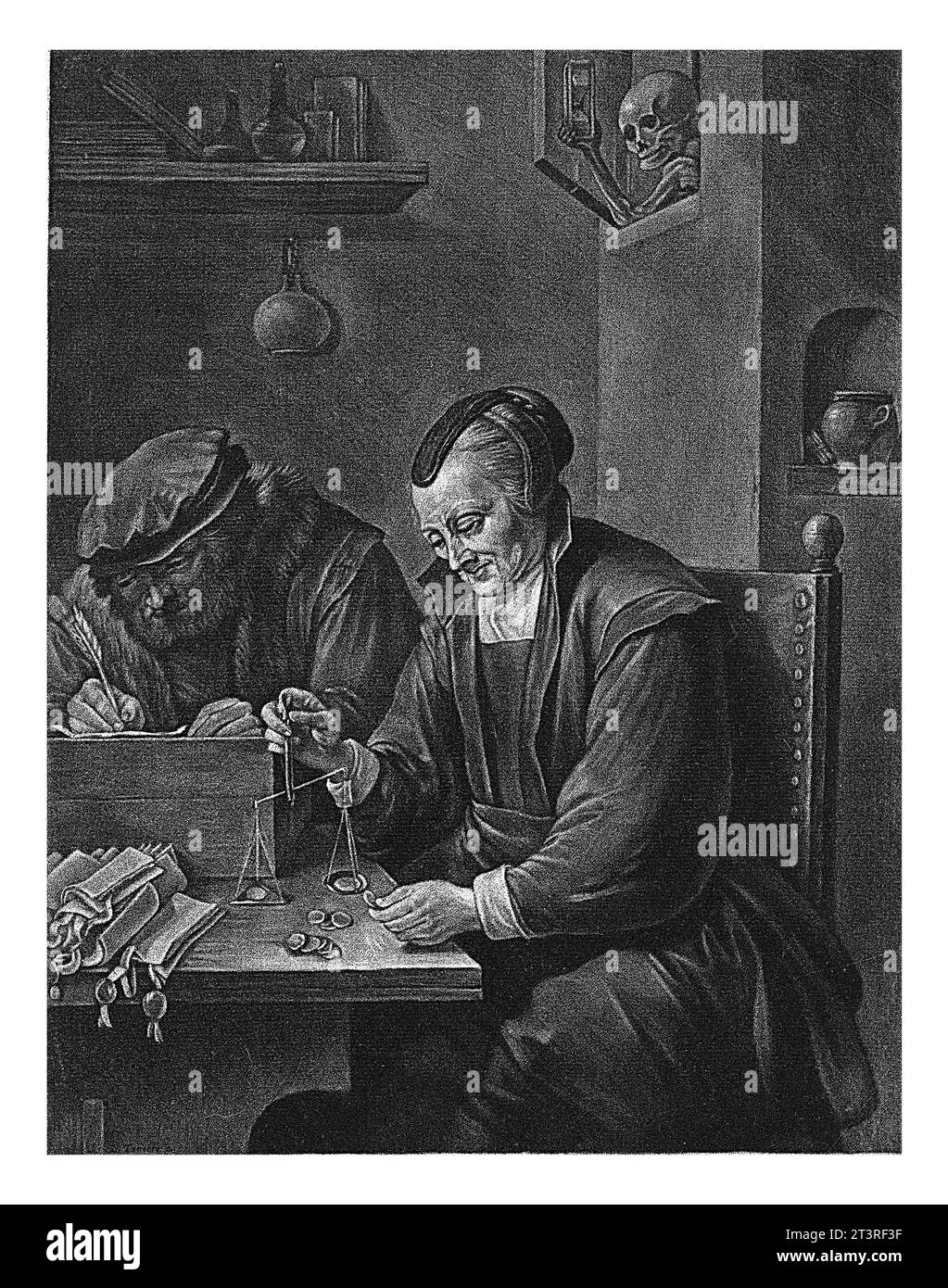 Gold weigher (variant without devils), Jan van der Bruggen, after David Teniers (II), 1659 - 1740 In a room a woman weighs gold while a man writes dow Stock Photo