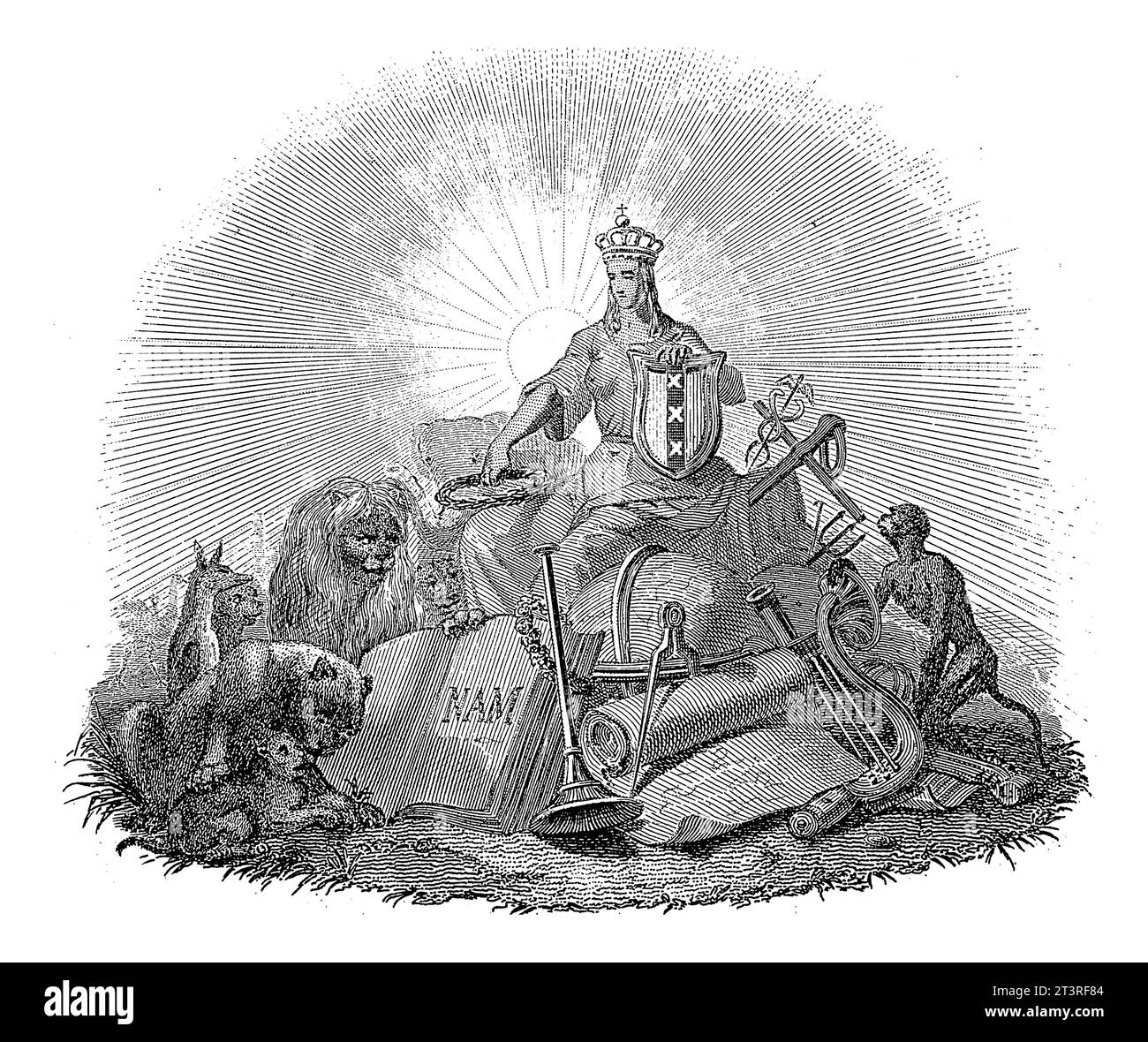 Amsterdam Town Maid with Wild Animals, Willem Frederik Wehmeyer, after Barend Wijnveld, 1863 The Amsterdam Town Maid enthroned in the centre. Stock Photo