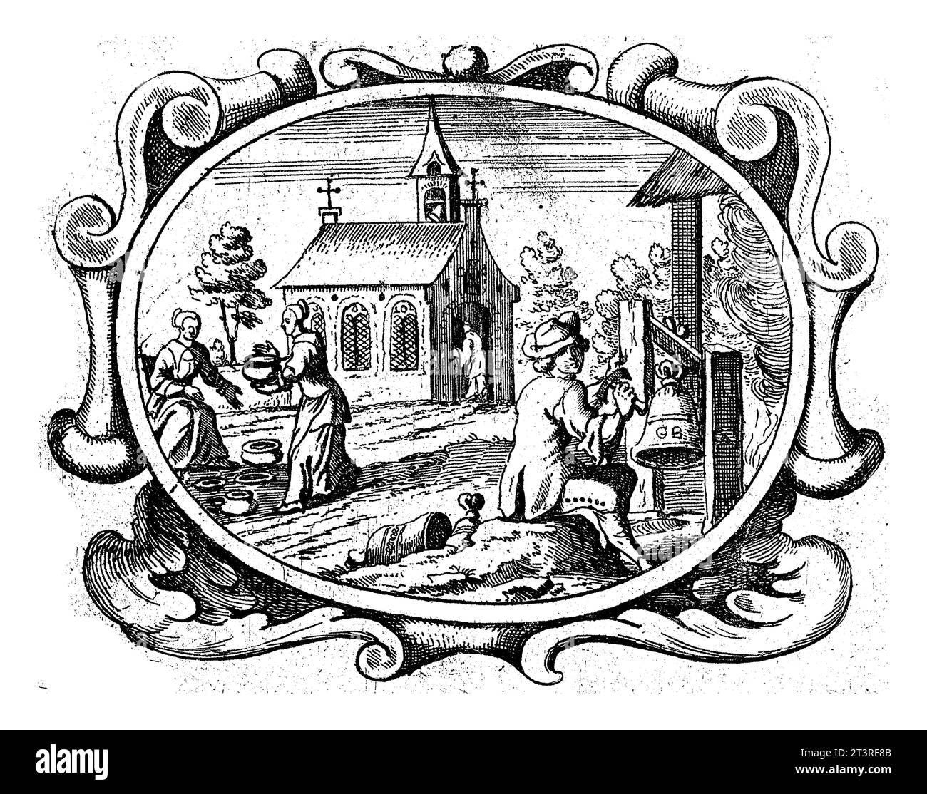 Adversity tests our faithfulness, Gaspar Bouttats, 1679 Page from a book (p.112) with text on verso. In an oval cartouche a landscape with a church. Stock Photo