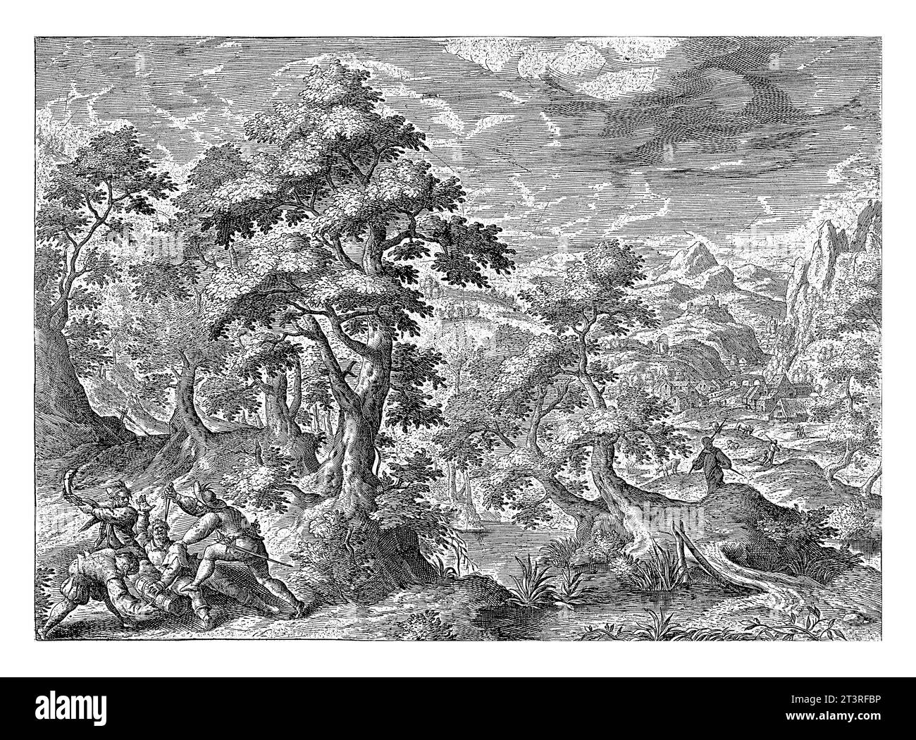 Robbery of the Traveller, Crispijn van de Passe (I), after Hans Bol, 1588 - 1589 In a forest, a traveller is attacked and stabbed by three highwaymen. Stock Photo