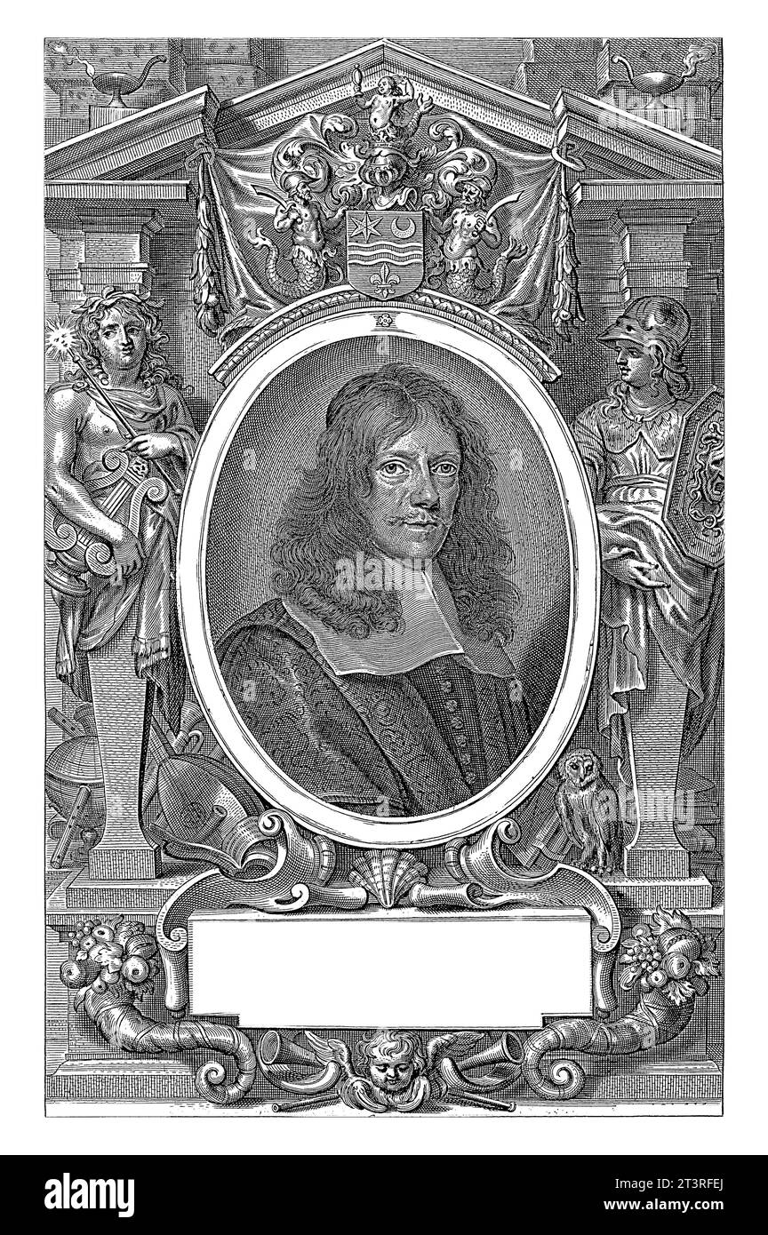 Bust portrait of Henricus Florent Laurin at the age of 43, with cap. The portrait is set in an oval frame with an inscription in Latin, crowned with t Stock Photo