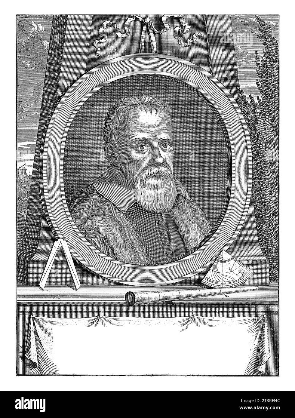 Portrait of Galileo Galilei, Joseph Mulder, 1668 - 1738 Portrait of physicist and astronomer Galileo Galilei. In front of the portrait are a compass a Stock Photo