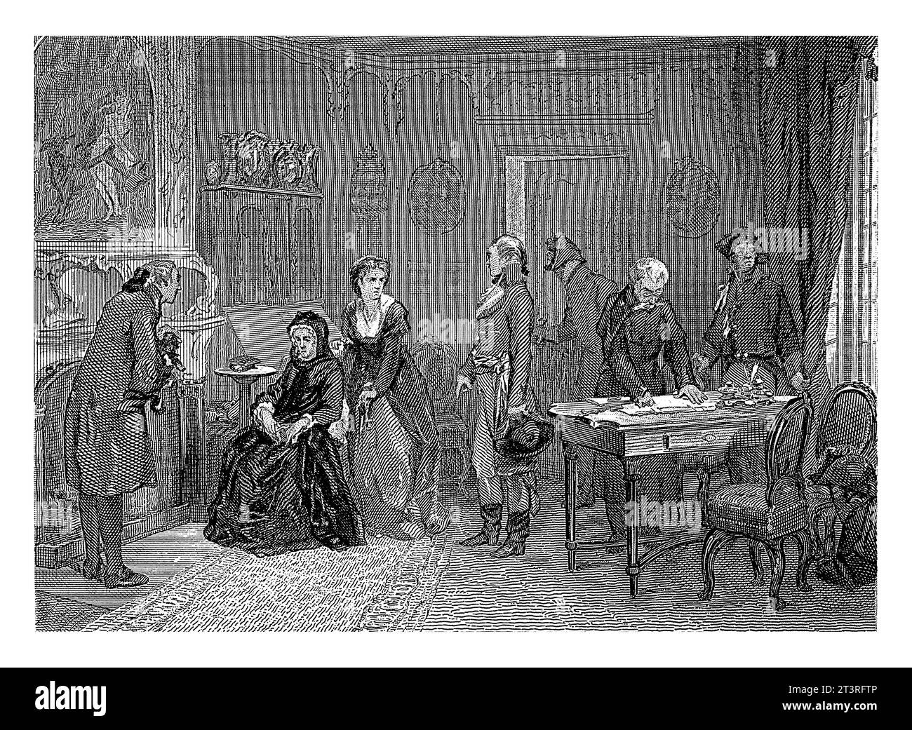 Departure, Men, Women, Johann Heinrich Maria Hubert Rennefeld, after Charles Rochussen, 1872 View of a room with men and women. Stock Photo