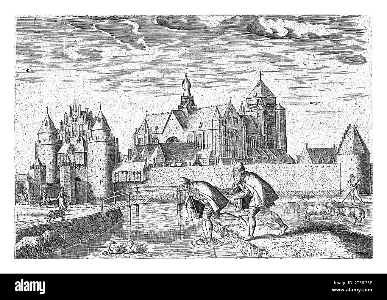 View of Veere, with the proverb: one blind leads another, Pieter Bast, 1598 View of the city wall of Veere, above which the large church towers. Left Stock Photo