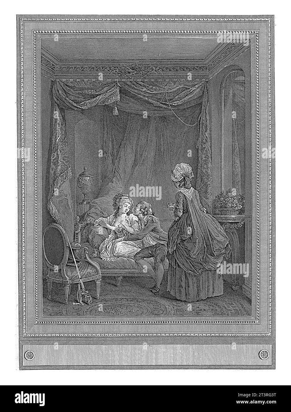 Maid Bringing a Cup of Bouillon to a Couple on a Settee, Martial Deny, after Lawrence, c. 1782 In one room, a young couple sits on a settee with a can Stock Photo