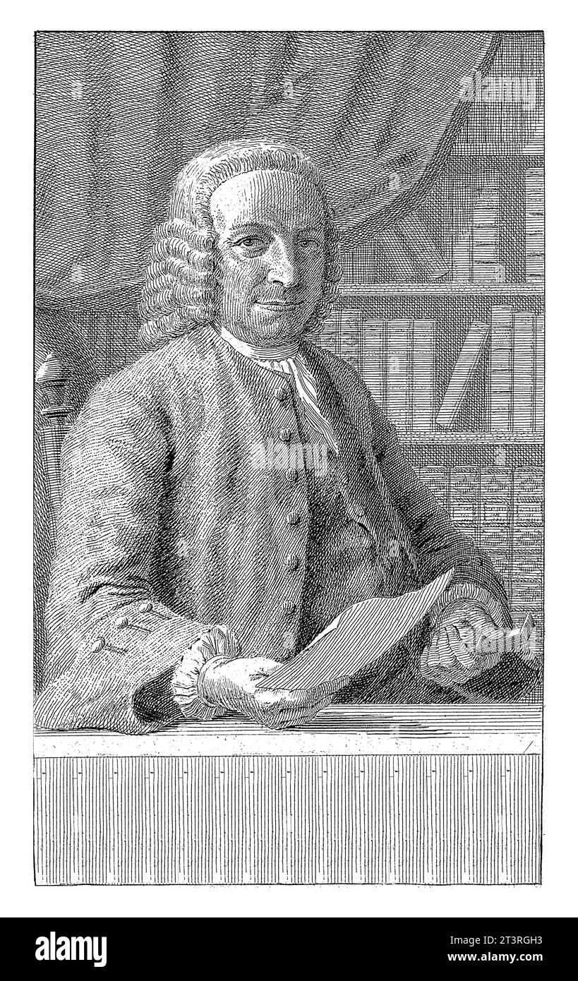 Portrait of Johannes Enschede, Cornelis van Noorde, 1768 Portrait of Johannes Enschede, type founder, printer and publisher in Haarlem, holding a sett Stock Photo