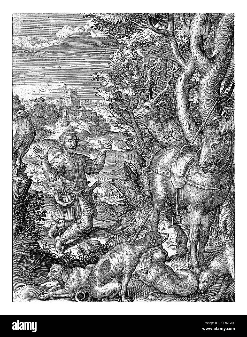 St Teilo Riding Stag Conversion of h hubertus Black and White Stock Photos & Images - Alamy