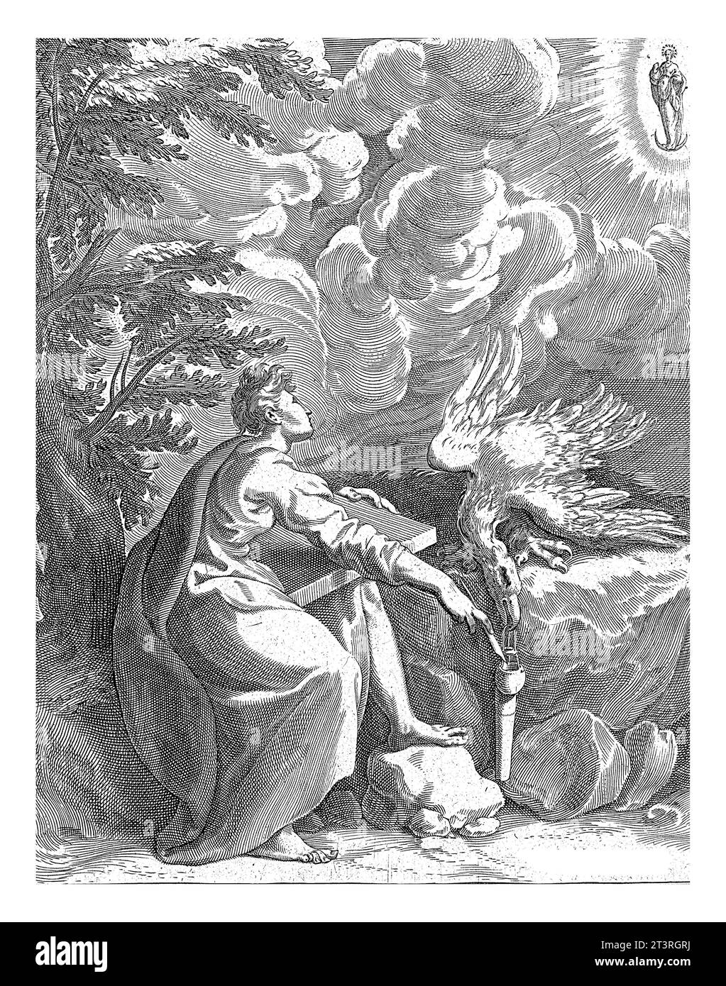 John and the eagle, Isaac Duchemin (attributed to), after Adriaan de Weerdt, 1563 - before 1590 The evangelist John sits by a tree and writes his gosp Stock Photo