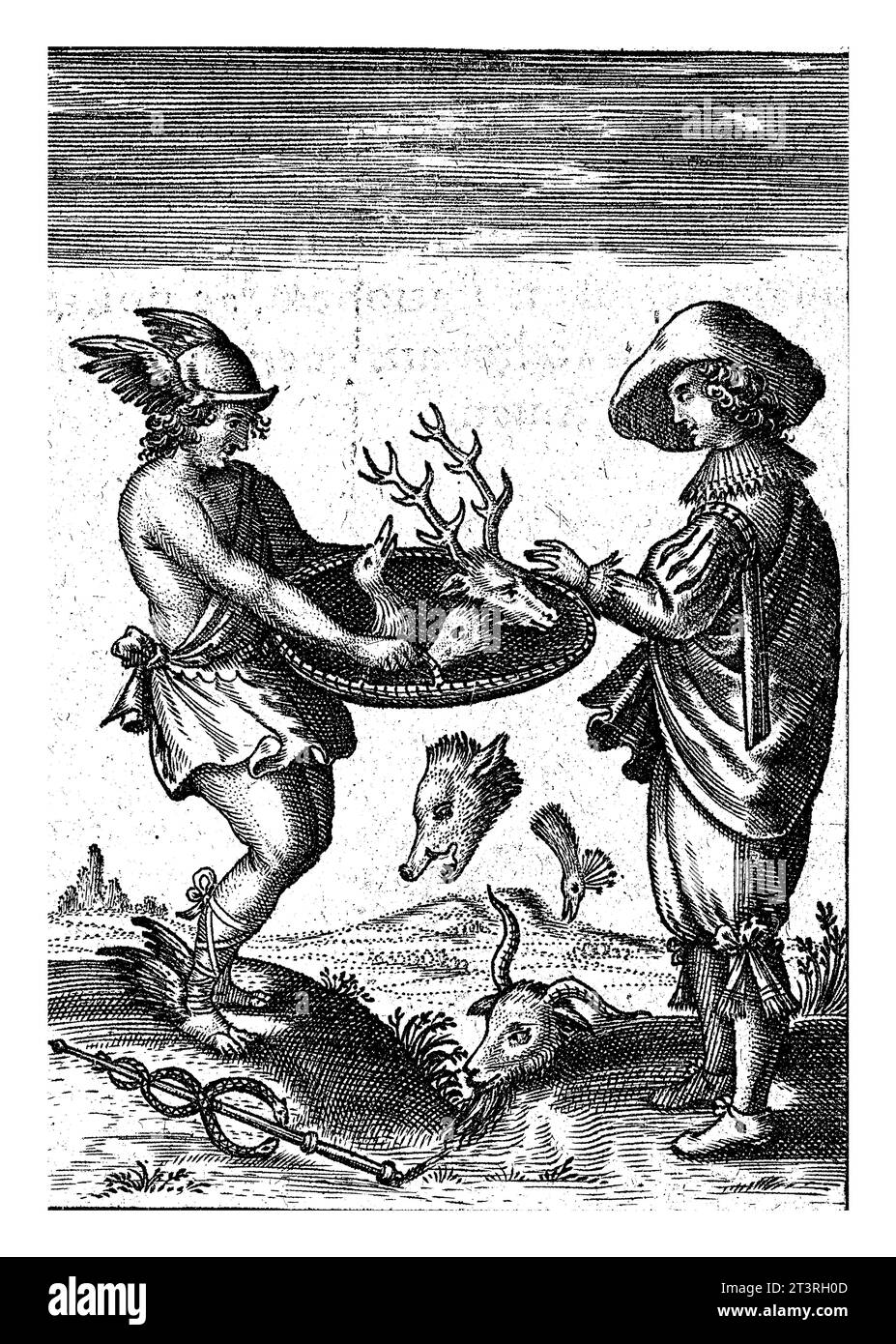 Mercury with a Bowl of Severed Heads of Animals, Martin Baes, c. 1614 - c. 1631 Mercury offers a nobleman a bowl with severed animal heads. Stock Photo