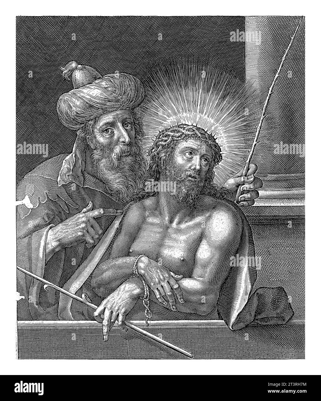 Christ as Man of Sorrows, Crispijn van de Passe (I), 1608 Pontius Pilate points to Christ wearing the crown of thorns. Christ's hands are tied. Stock Photo