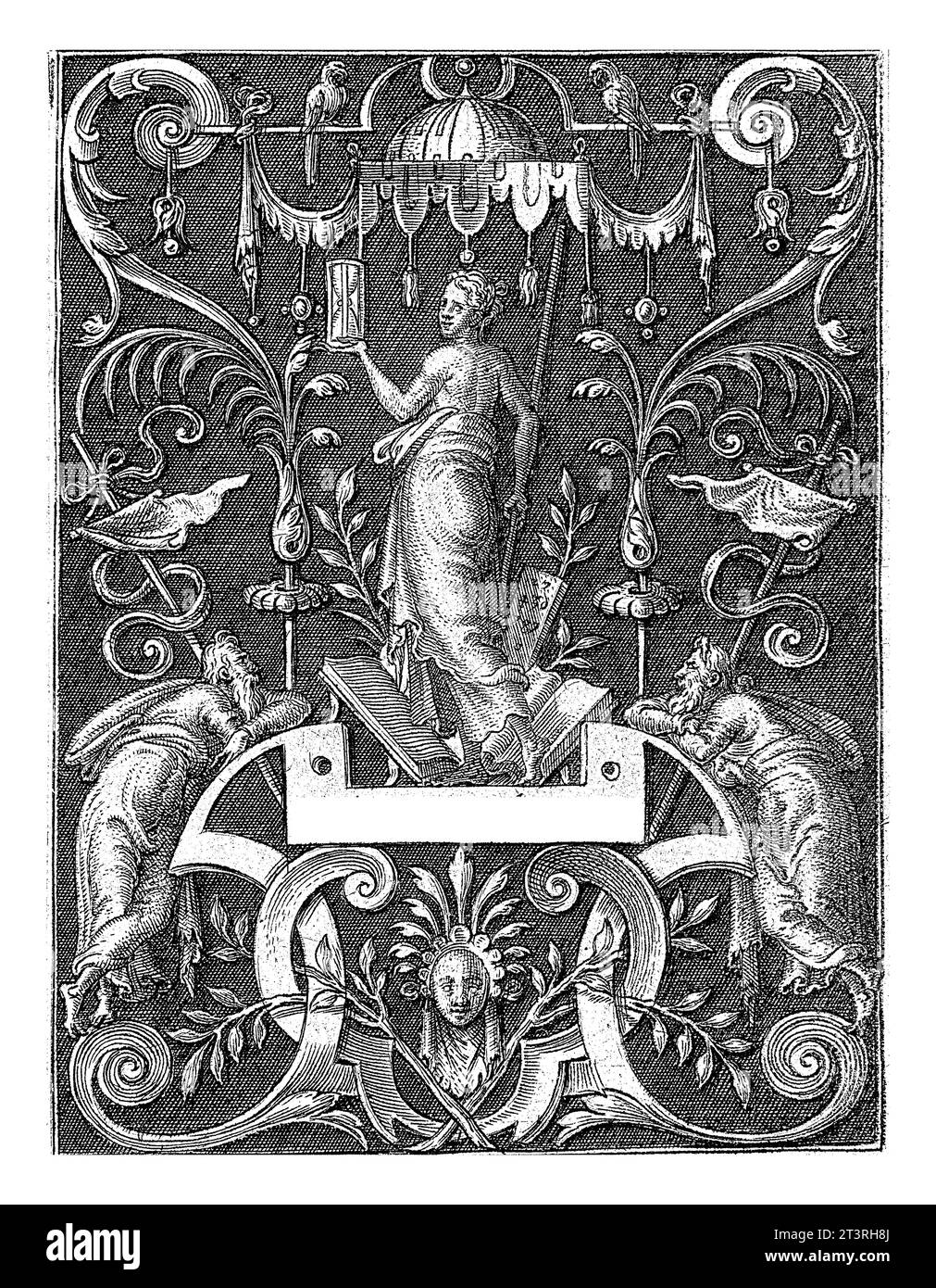 Arithmetic, Etienne Delaune, after Marcantonio Raimondi, 1528 - 1583 Arithmetic with an hourglass in hand. At the bottom left and bottom right, an old Stock Photo