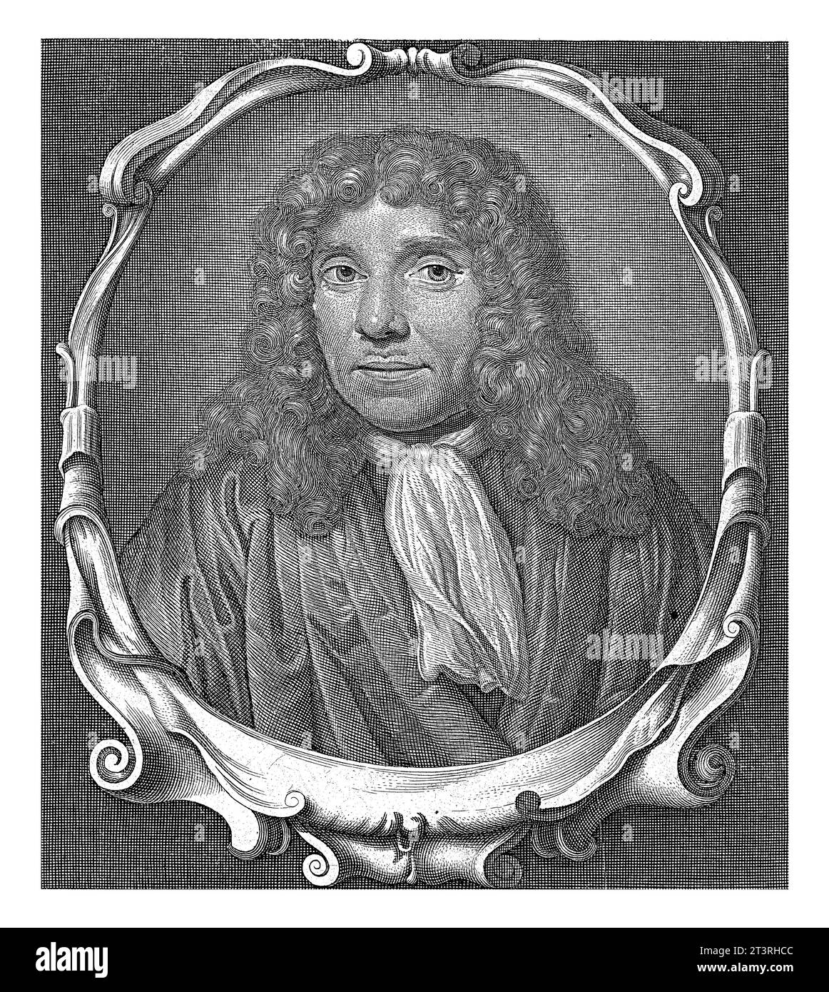 Portrait of Antonie van Leeuwenhoek, Abraham de Blois, after Jan Verkolje, 1679 - 1717 Portrait of Antonie van Leeuwenhoek, bust in oval frame with sc Stock Photo