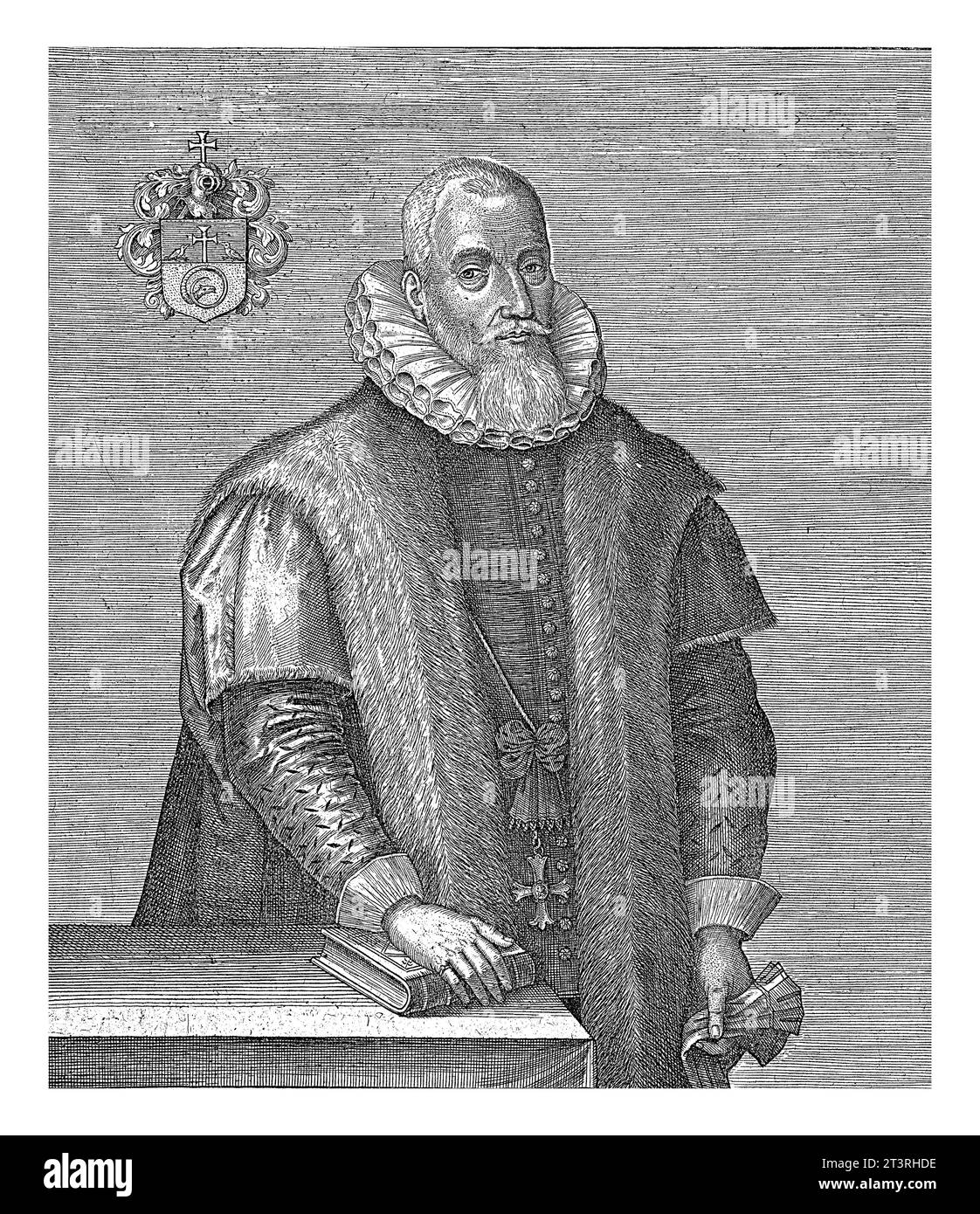 Portrait of Andreas Hoyus at the age of 78, Martin Baes, in or after 1629 Page from a book with a portrait of the professor of classics Andreas Hoyus. Stock Photo