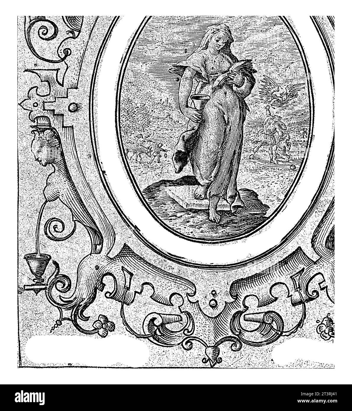 Faith, Crispijn van de Passe (I), 1574 - 1637 Landscape with the female personification of Faith (Fides), one of the three theological virtues, with a Stock Photo