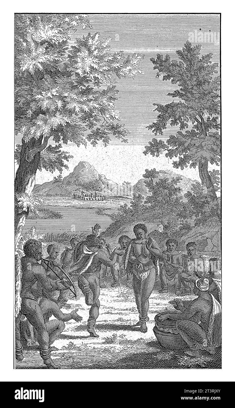 Musical instruments in use at the Khoi, Abraham Zeeman, 1727 Khoi dance and make music. The man on the left plays a gum gum, the man on the right drum Stock Photo