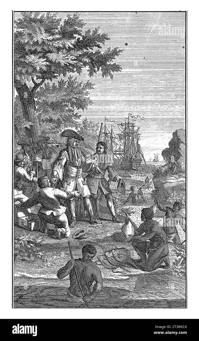 Fishing Khoi, Abraham Zeeman, 1727 European men watch Khoi fish. Ships anchored in the background. Stock Photo