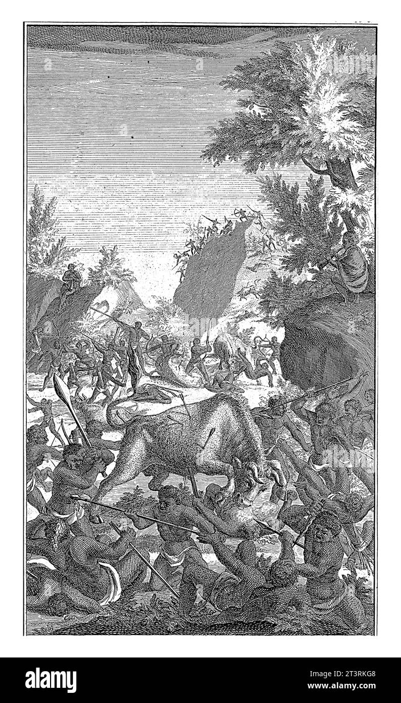 Khoi at War, Abraham Zeeman, 1727 Khoi wage war. In the middle walks a wounded roaring bull. Stock Photo