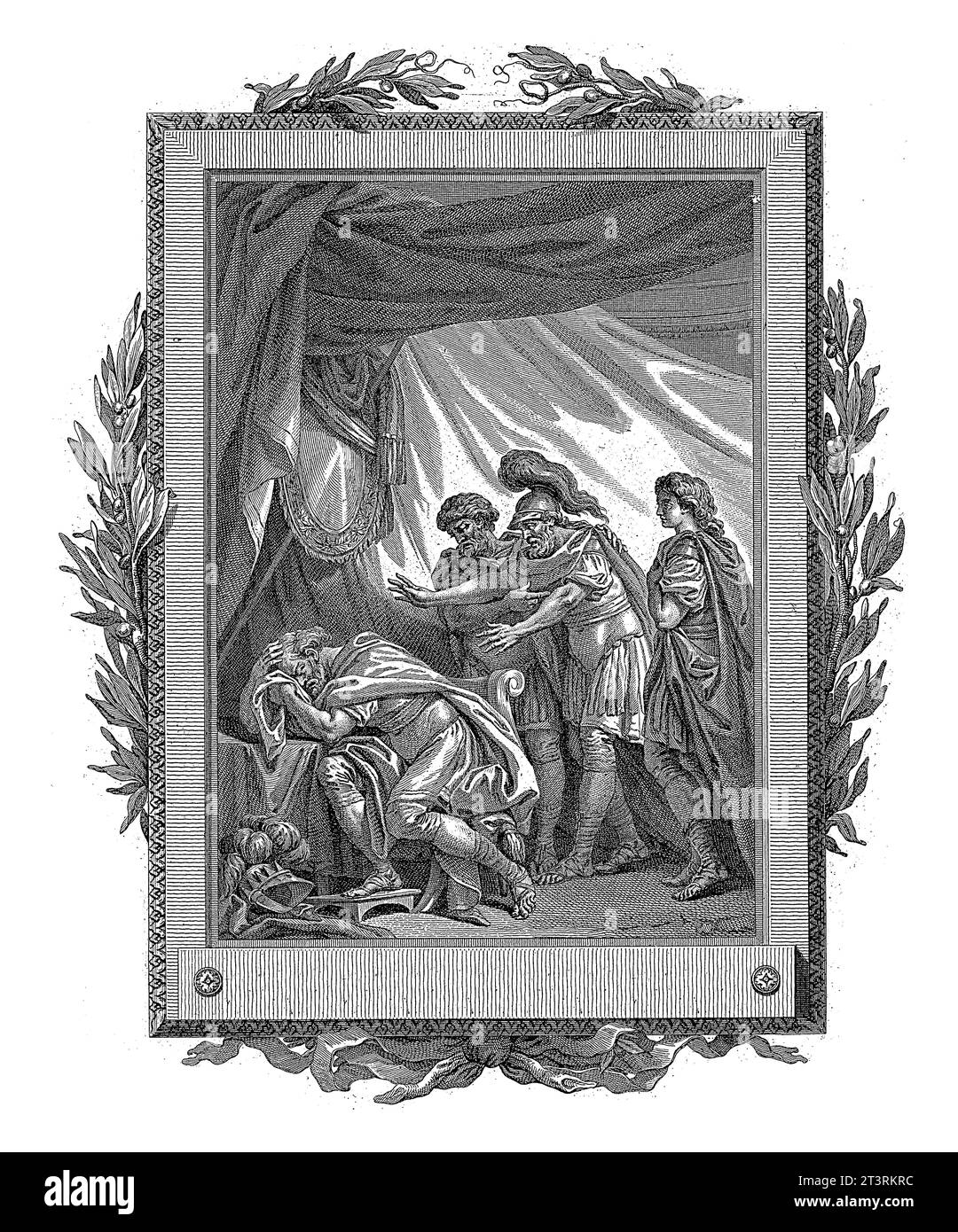 Telemachus, Philoktetes and Diomedes comforting Nestor after the loss of his son, Jean-Baptiste Tilliard, after Charles Monnet, 1785 Nestor, seated at Stock Photo