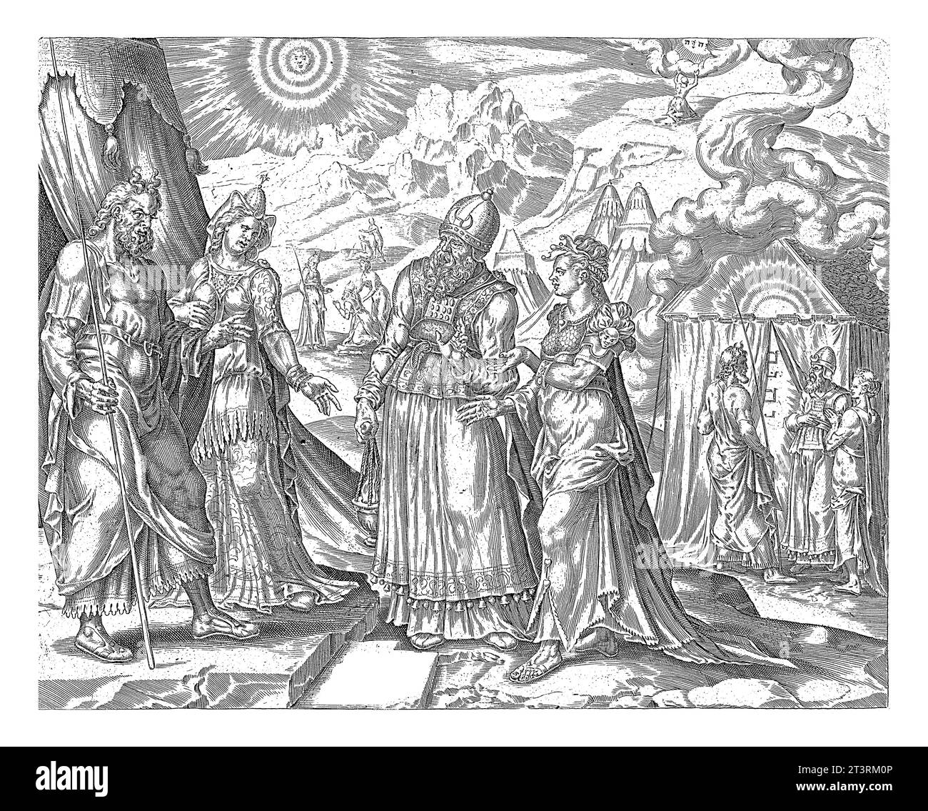 Moses' authority disputed by Mirjam and Aaron, Harmen Jansz Muller, after Maarten van Heemskerck, 1564 - 1568 Aaron and Mirjam stand before Moses and Stock Photo