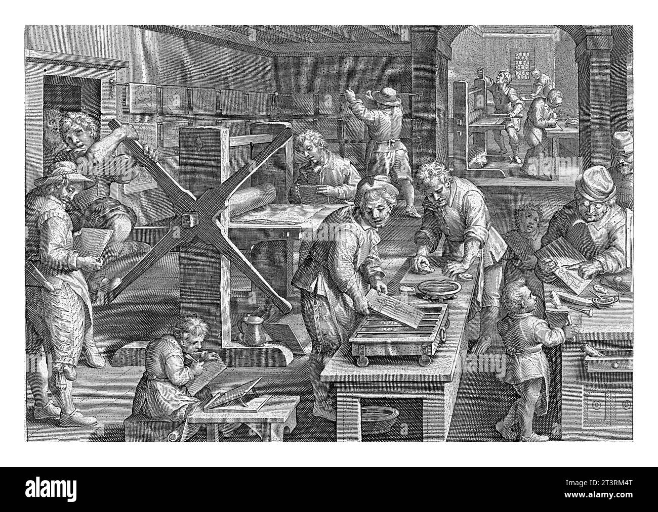Production of copper engravings, Philips Galle (attributed to workshop of), after Jan van der Straet, c. 1593 - c. 1598 The interior of a printing hou Stock Photo