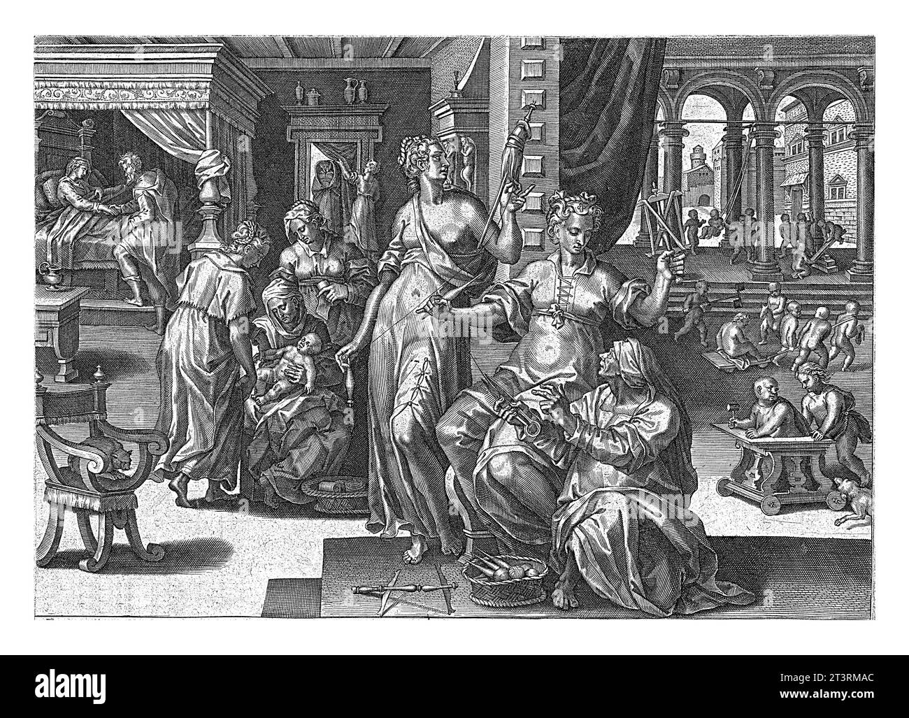 Birth, Pieter Jalhea Furnius, after Jan van der Straet, 1570 The three