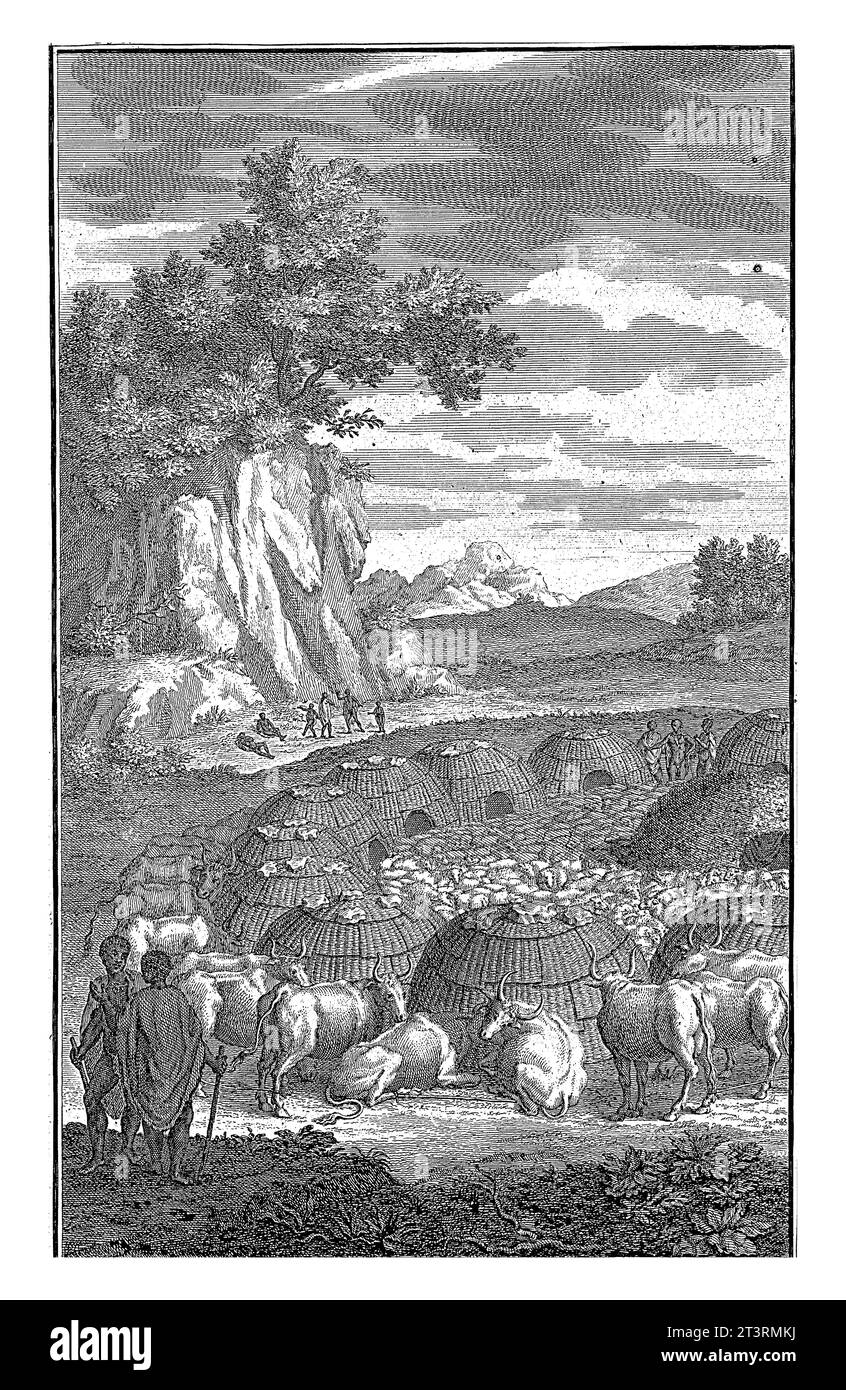 Khoi at a Corral with Their Cattle, Jan Caspar Philips, 1727 Mountainous landscape with Khoi herding their sheep and cattle together in the clearing i Stock Photo