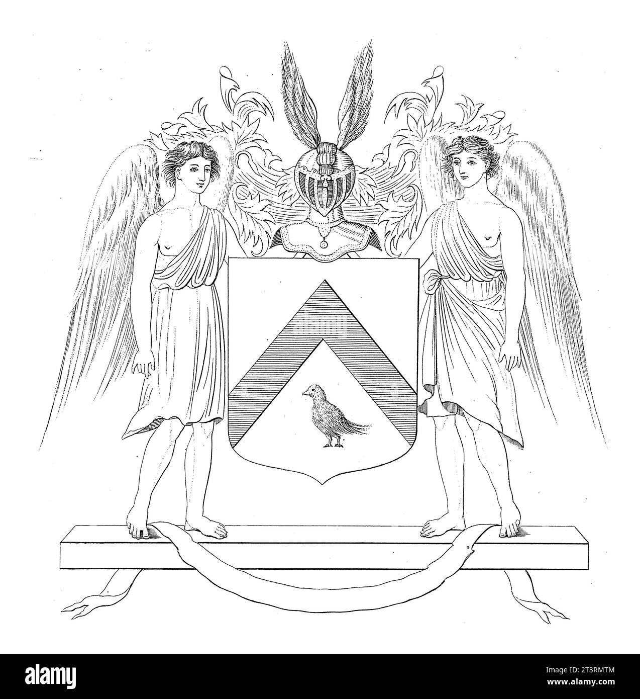 Coat of arms of Nicolaas Warin, Abraham Lion Zeelander, 1815 - 1856 A coat of arms flanked by angels and crowned with a winged helmet. Stock Photo