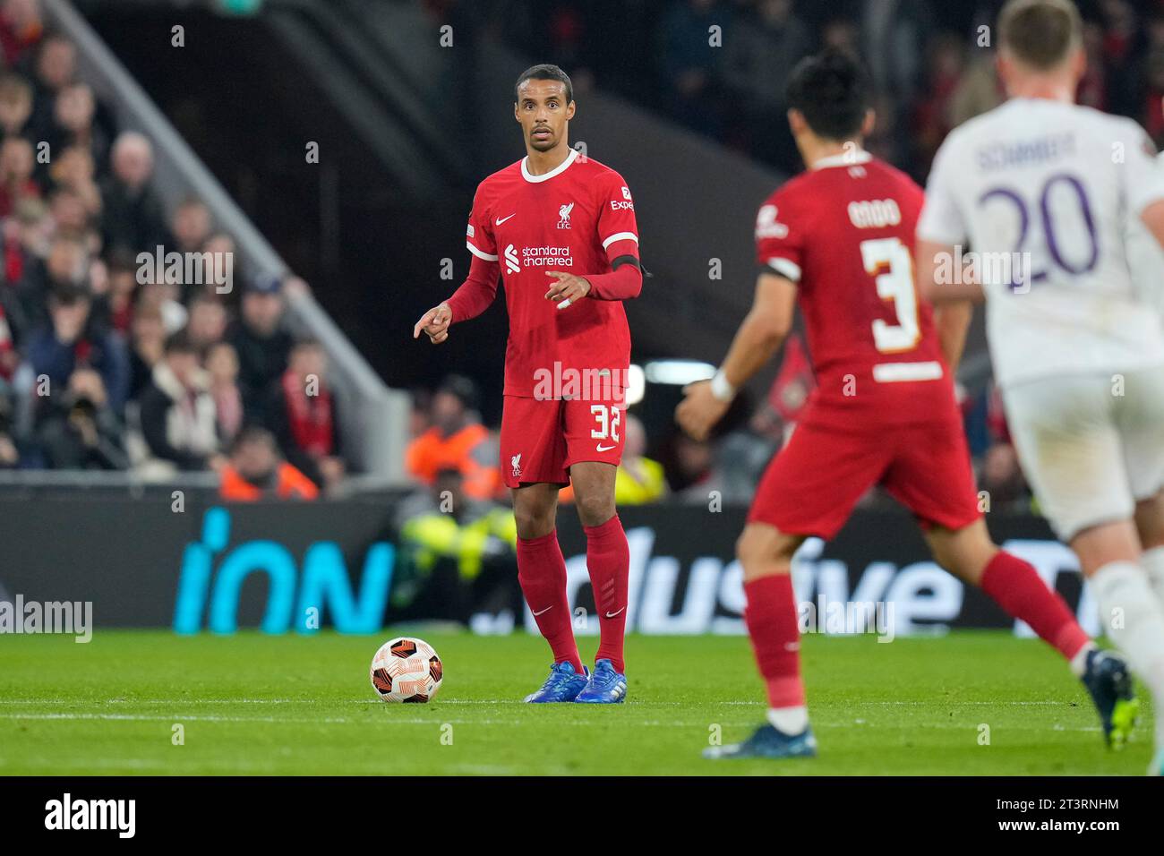 Liverpool, UK. 26th Oct, 2023. Joel Matip #32 of Liverpool looks to pass the ball during the UEFA Europa League match Liverpool vs Toulouse at Anfield, Liverpool, United Kingdom, 26th October 2023 (Photo by Steve Flynn/News Images) in Liverpool, United Kingdom on 10/26/2023. (Photo by Steve Flynn/News Images/Sipa USA) Credit: Sipa USA/Alamy Live News Stock Photo
