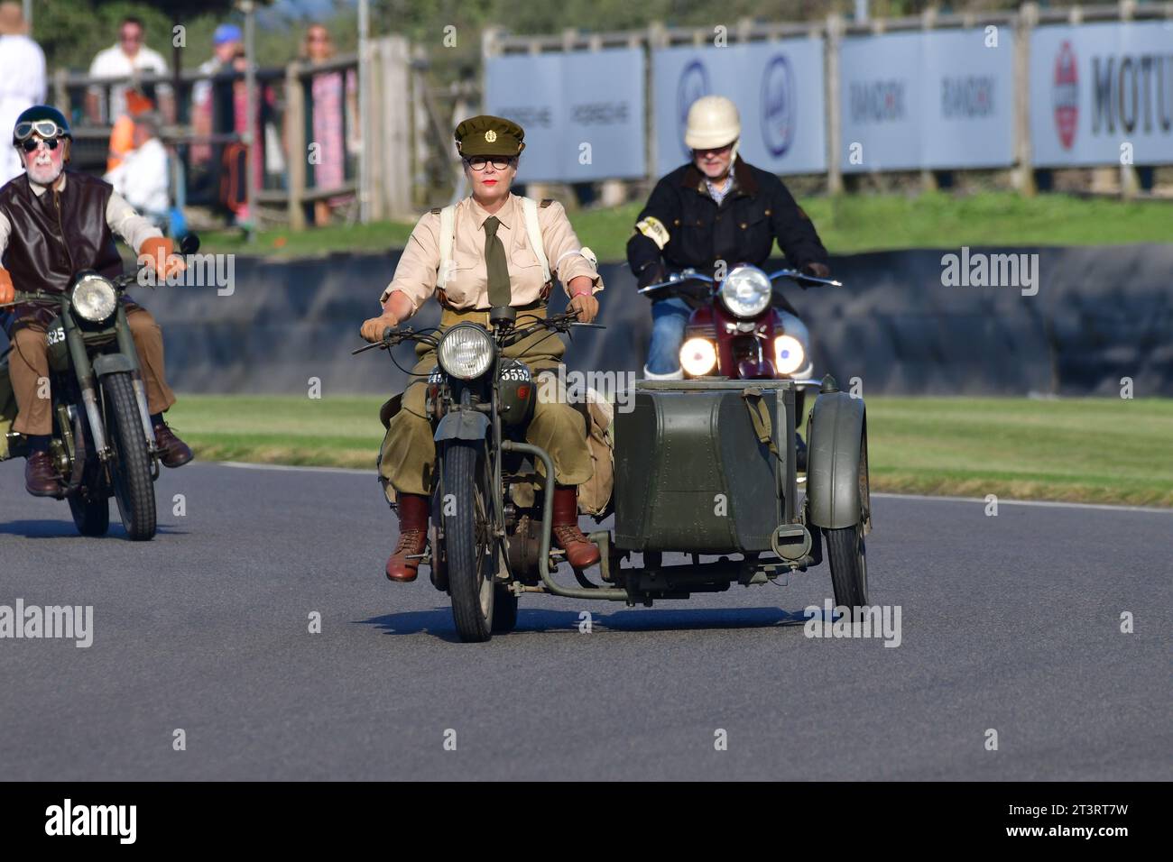 ex-military BSA Combination, Track Parade - Motorcycle Celebration, circa 200 bikes featured in the morning parade laps, including sidecar outfits and Stock Photo