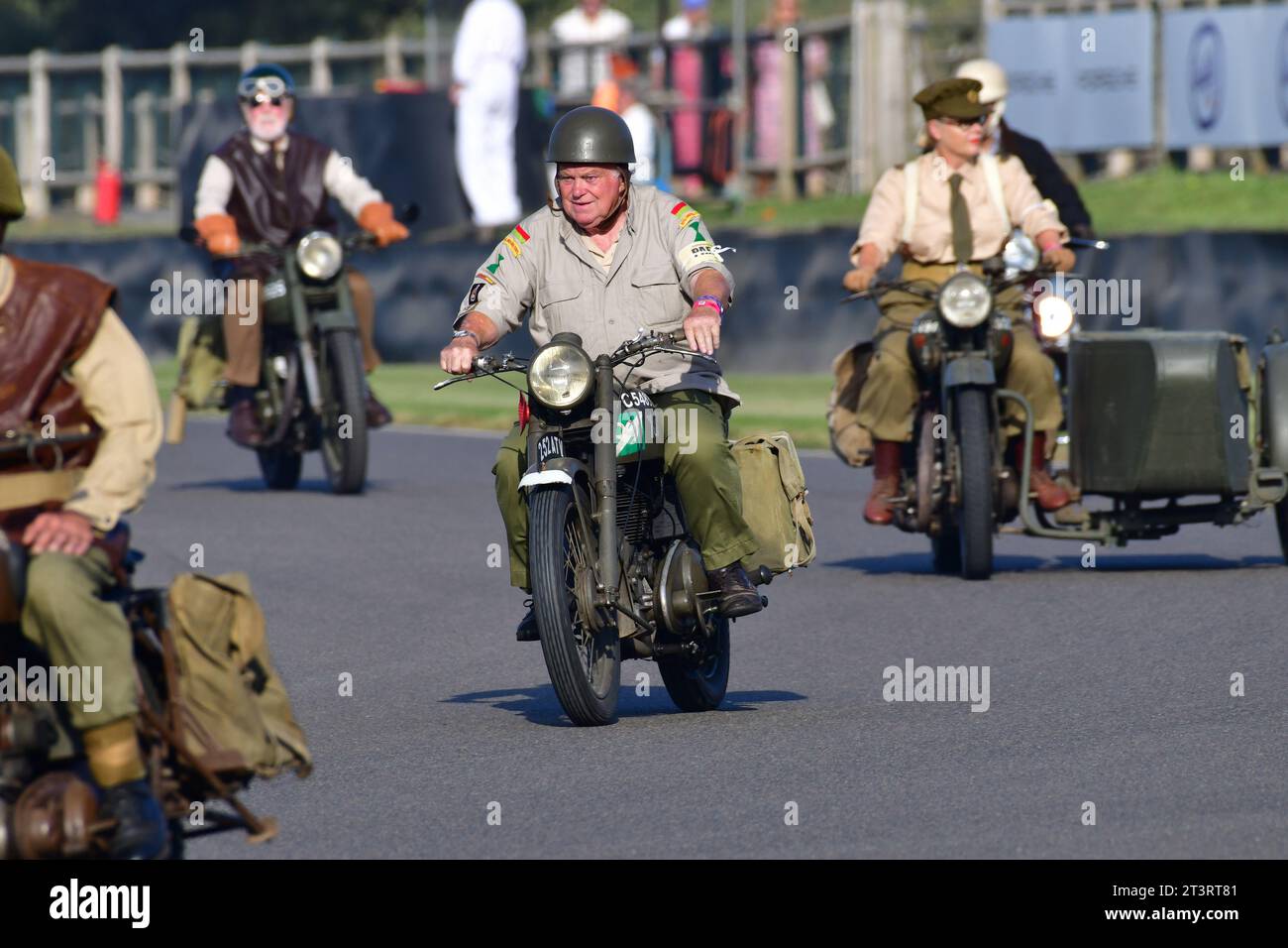 ex-military 1958 Matchless 350cc, Track Parade - Motorcycle Celebration, circa 200 bikes featured in the morning parade laps, including sidecar outfit Stock Photo