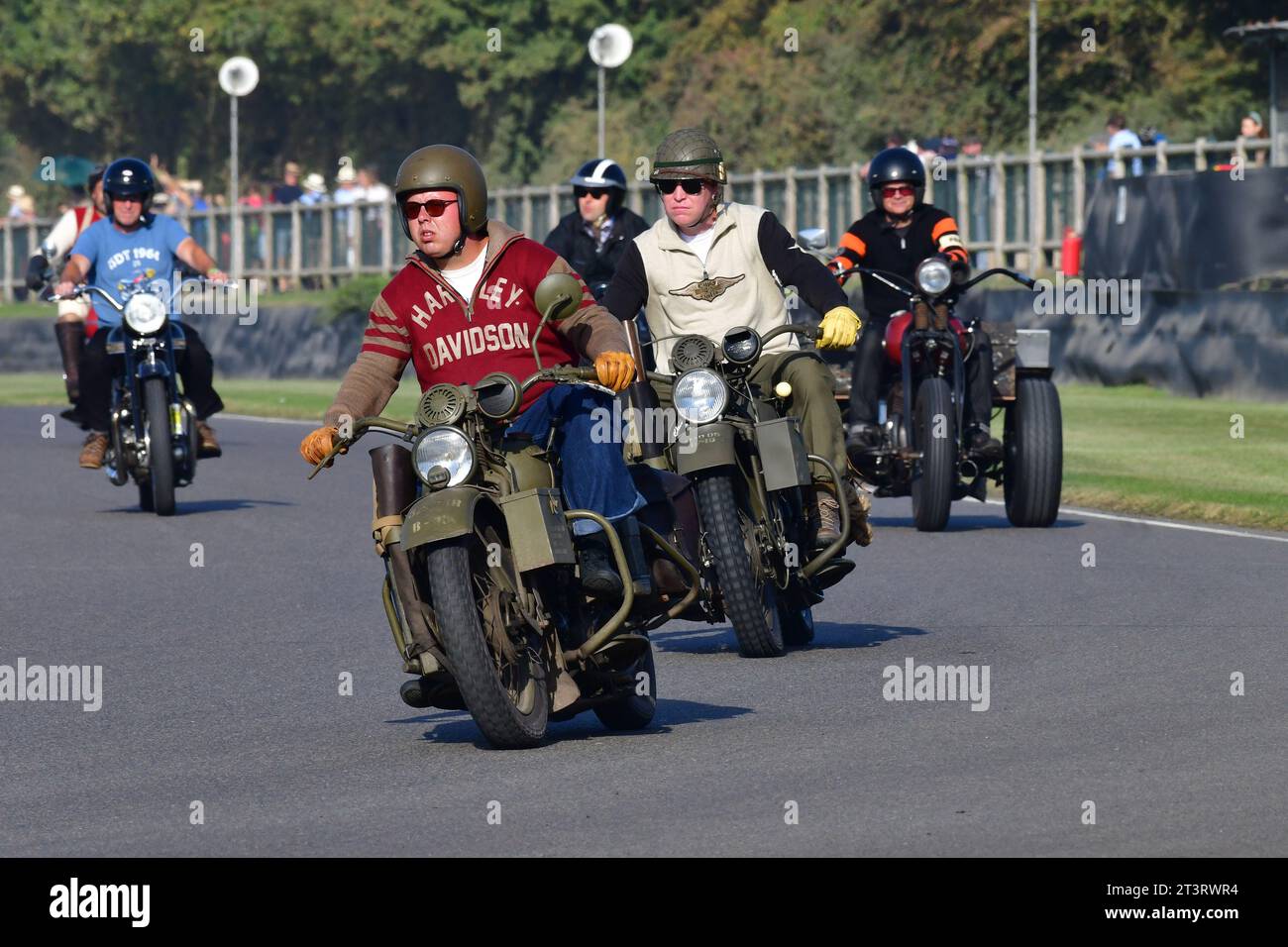 Military Harley Davidsons, Track Parade - Motorcycle Celebration, circa 200 bikes featured in the morning parade laps, including sidecar outfits and m Stock Photo