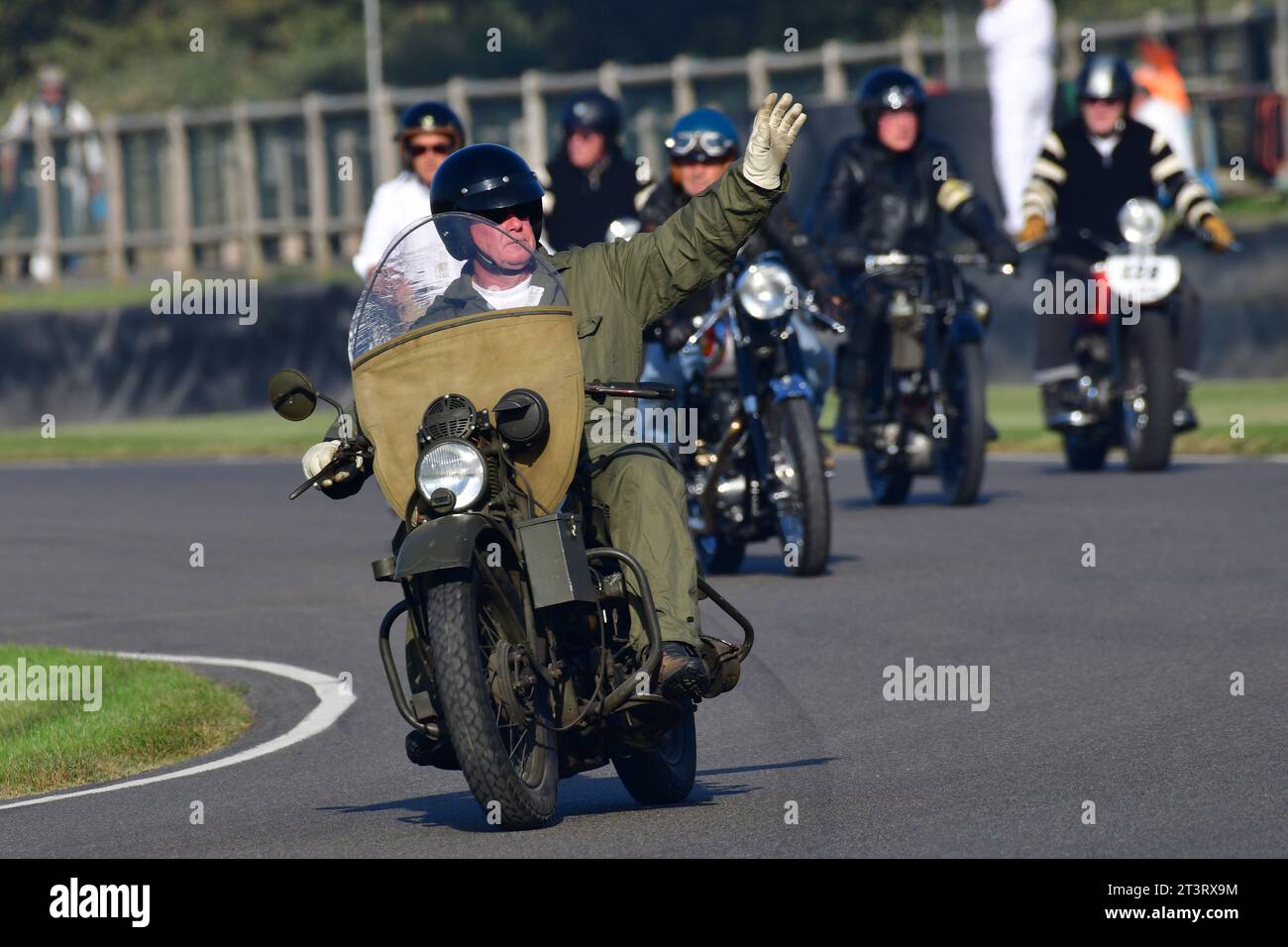 Military motorcycle, Track Parade - Motorcycle Celebration, circa 200 bikes featured in the morning parade laps, including sidecar outfits and motor t Stock Photo