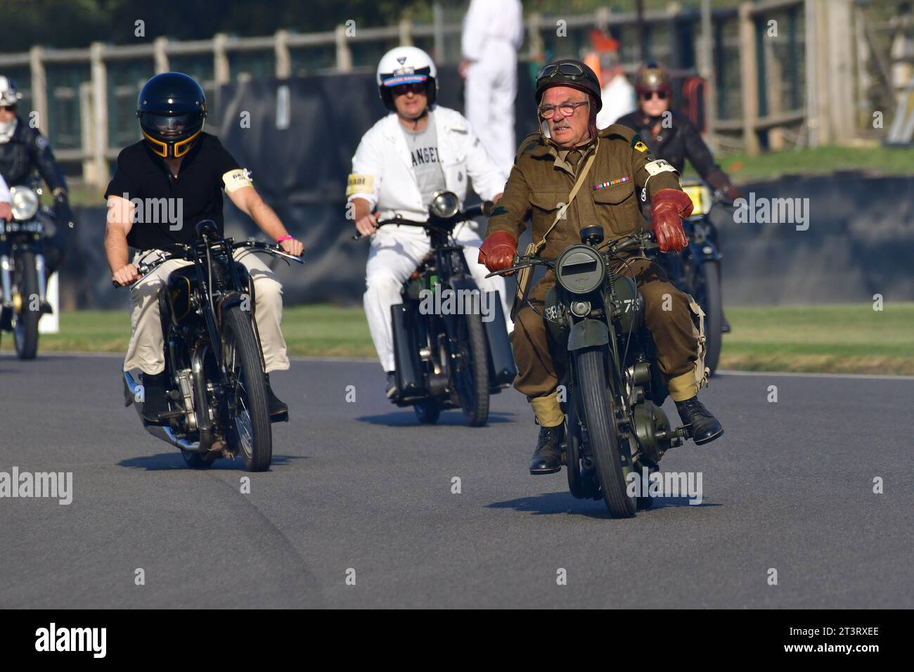 Military motorcycle, Track Parade - Motorcycle Celebration, circa 200 bikes featured in the morning parade laps, including sidecar outfits and motor t Stock Photo