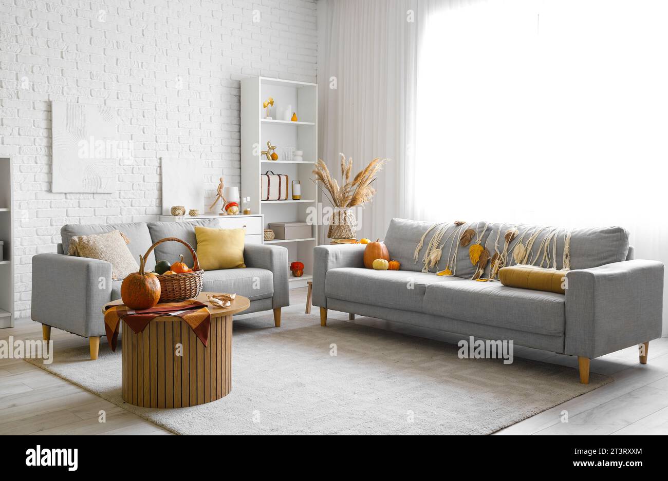 Interior of living room with pumpkins and sofas Stock Photo - Alamy