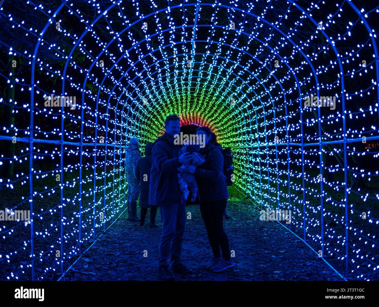 Gosford Estate, East Lothian, Scotland, UK, 26th October 2023. Wondrous Woods Illuminations event: visitors enjoy the night event in the grounds of Gosford House. Credit: Sally Anderson/Alamy Live News Stock Photo