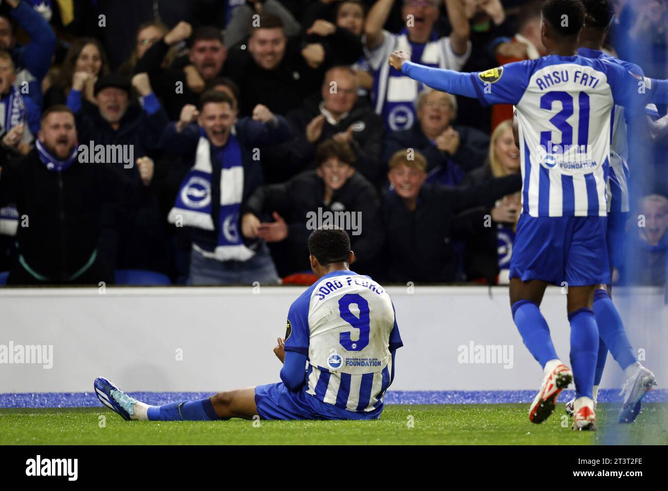 BRIGHTON - Joao Pedro of Brighton Hove Albion celebrates the 1-0 during the UEFA Europa League Group B match between Brighton & Hove Albion FC and Ajax Amsterdam at the American Express Community Stadium on October 26, 2023 in Brighton, United Kingdom. ANP MAURICE VAN STEEN Stock Photo