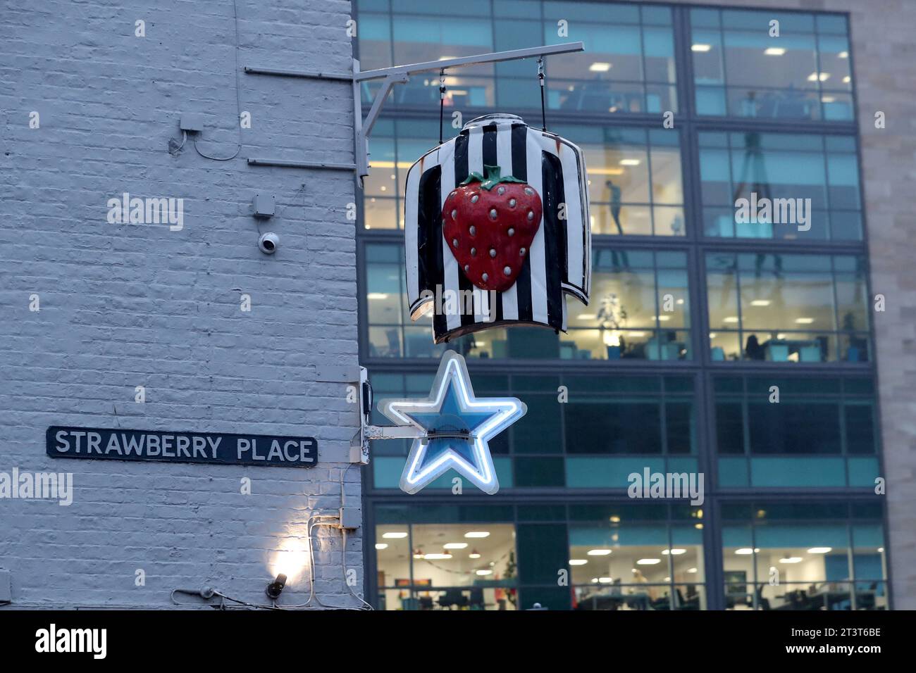 A general view of the well known Strawberry Public House which is frequented by Newcastle United's fans before and after matches seen during the UEFA Champions League Group F match between Newcastle United and Borussia Dortmund at St. James's Park, Newcastle on Wednesday 25th October 2023. (Photo: Mark Fletcher | MI News) Credit: MI News & Sport /Alamy Live News Stock Photo