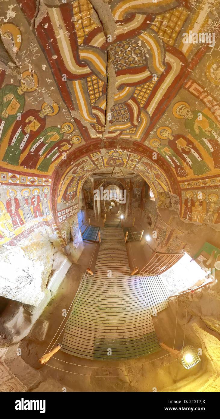 Ihlara Valley, Cappadocia, Turkey - Aug 5, 2023: 360 panoramic view of the interior of the Serpentine church or Snake Church, carved in the rocks in Stock Photo