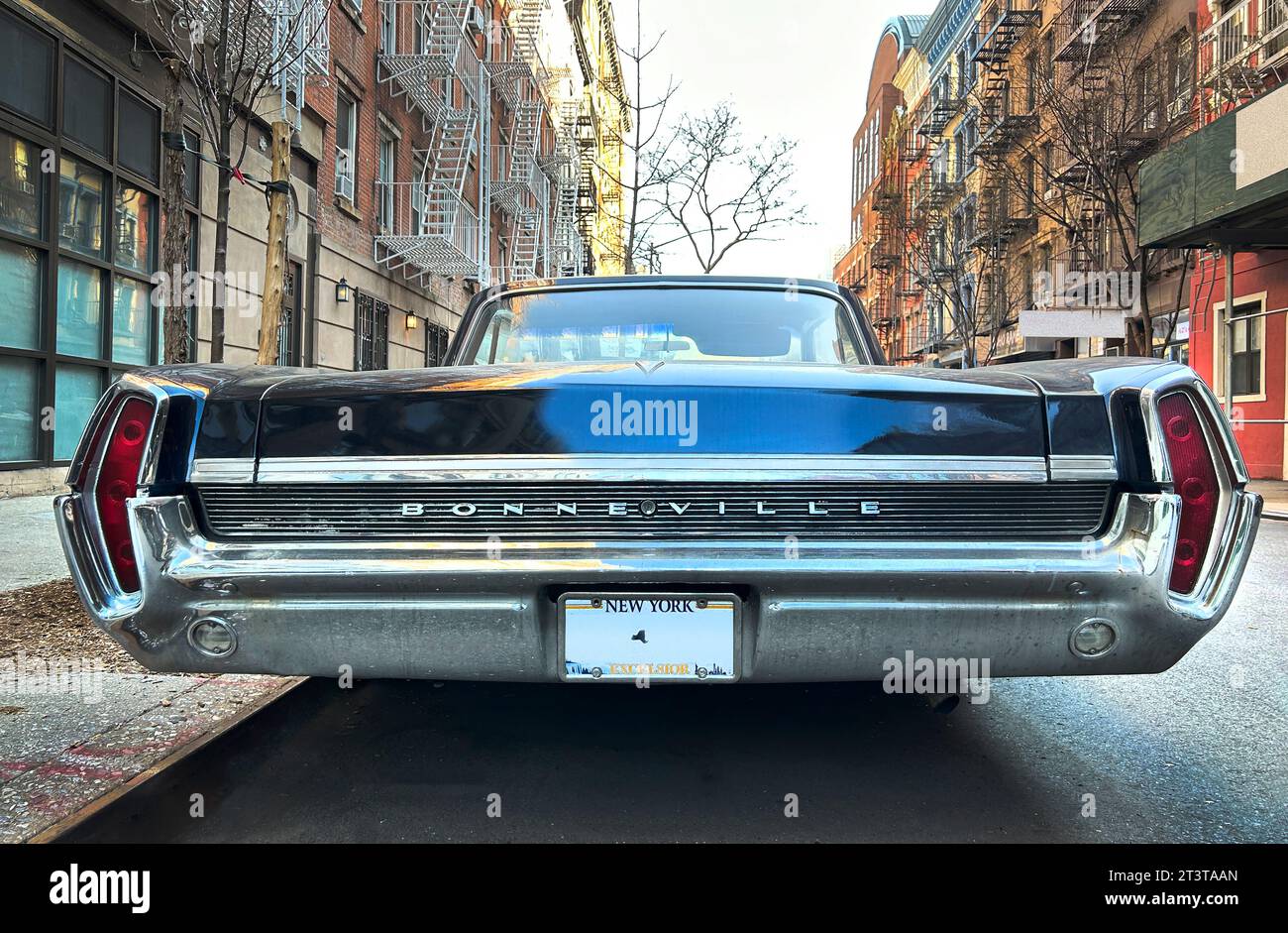 Rear view of classic Pontiac Bonneville car parked on street, New York City, New York, USA Stock Photo