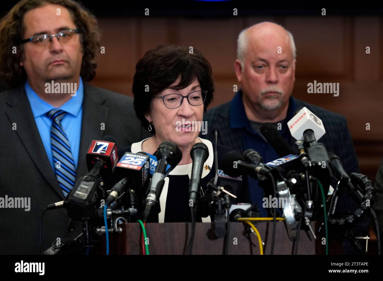 Sen. Susan Collins, R-Maine, speaks with members of the media in the aftermath of a mass shootings in Lewiston, Maine, Thursday, Oct. 26, 2023. (AP Photo/Matt Rourke) Stock Photo