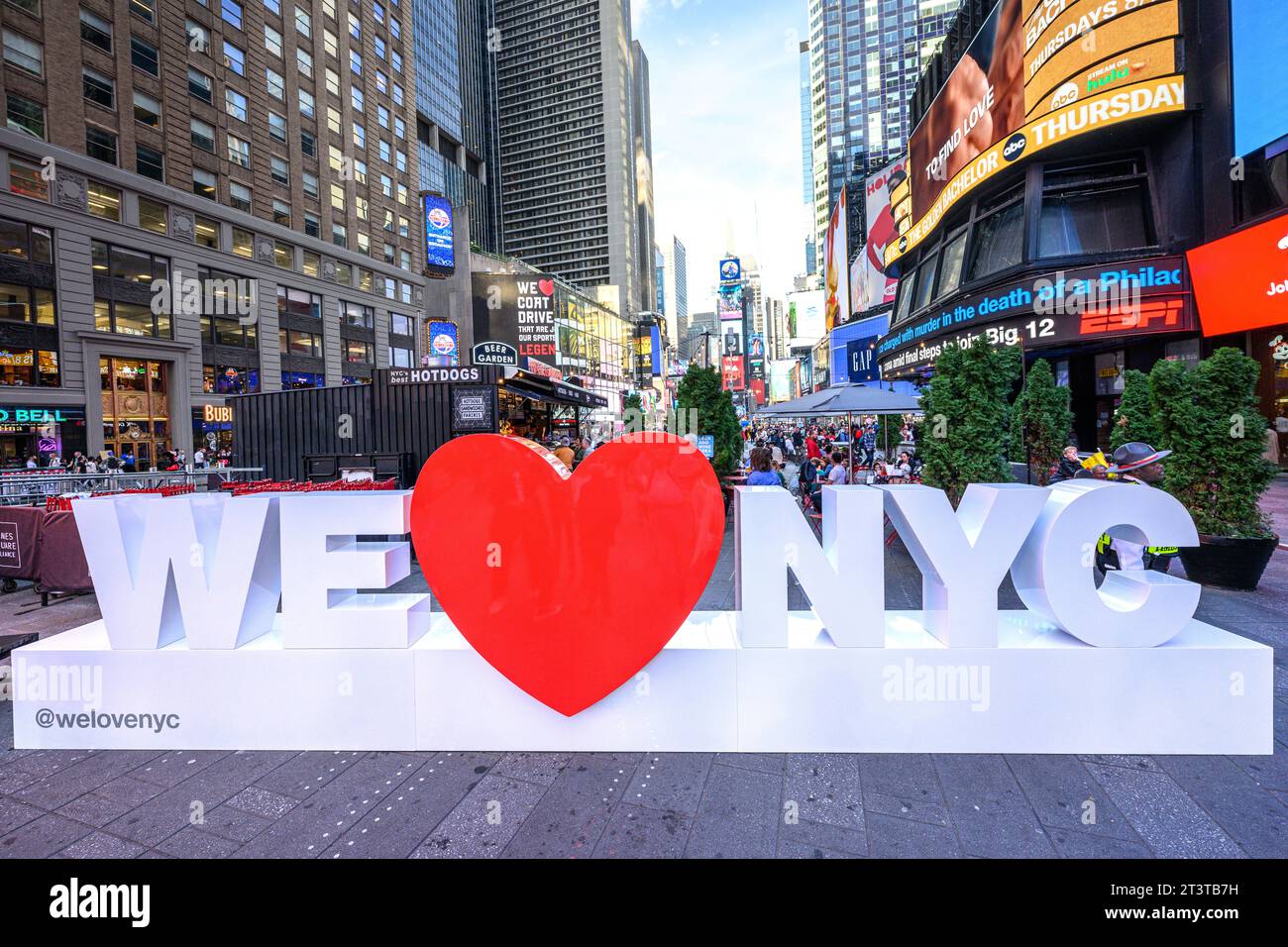 New York, USA. 2nd Oct, 2023. A Partnership for New York City's “We love NYC” sculpture in Times Square is unveiled and kicks off the New York Cares' annual coat drive in Times Square. Credit: Enrique Shore/Alamy Live News Stock Photo